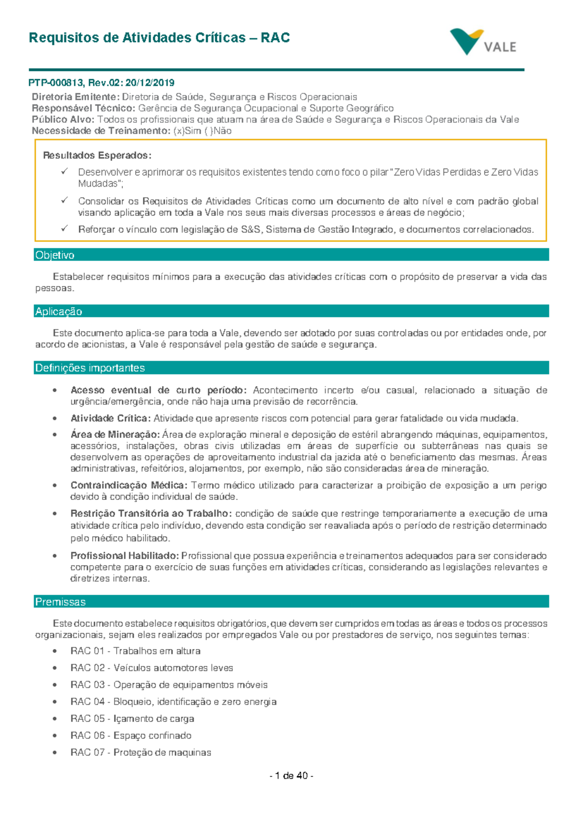 Requisitos de Atividades Críticas RAC Rev.02 - Vale (PTP-000813) - Studocu