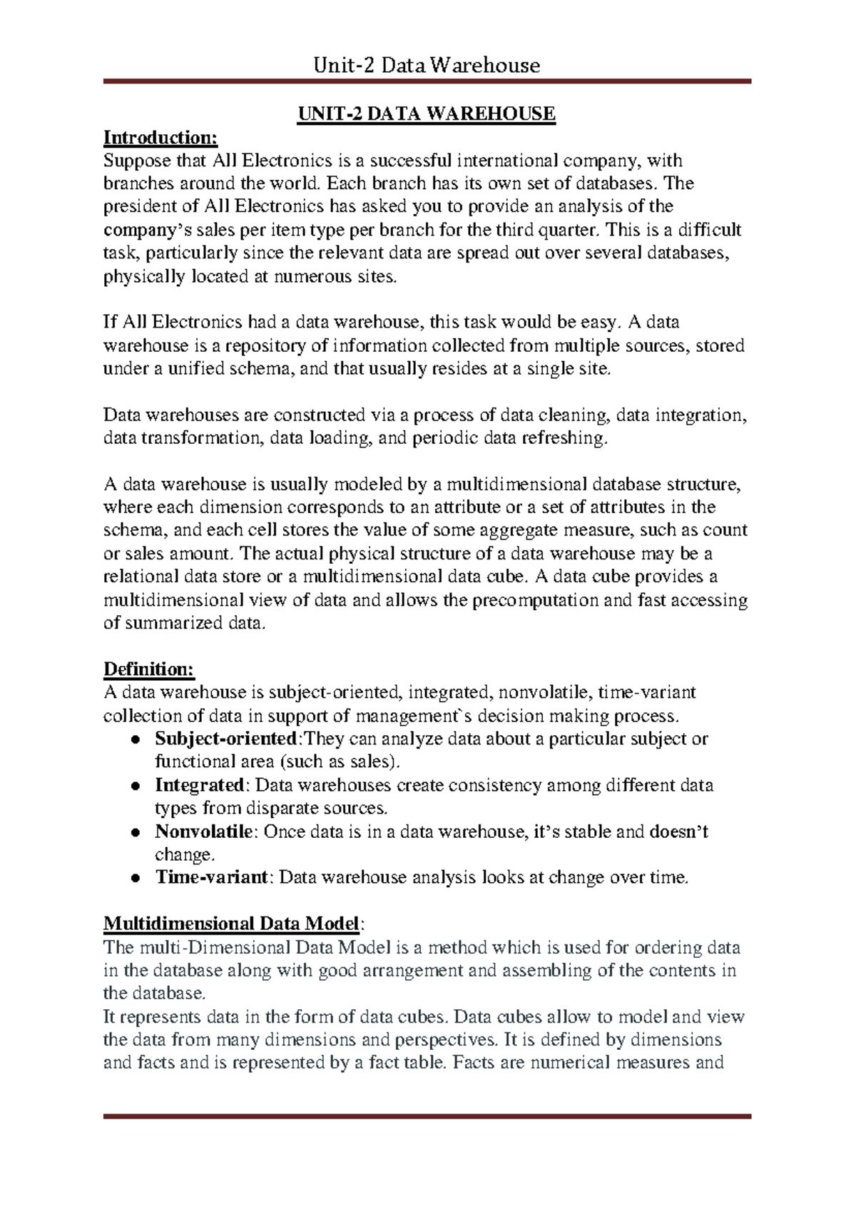 DMDW UNIT 2 - Comprehensive Overview of Data Warehousing Concepts - Studocu