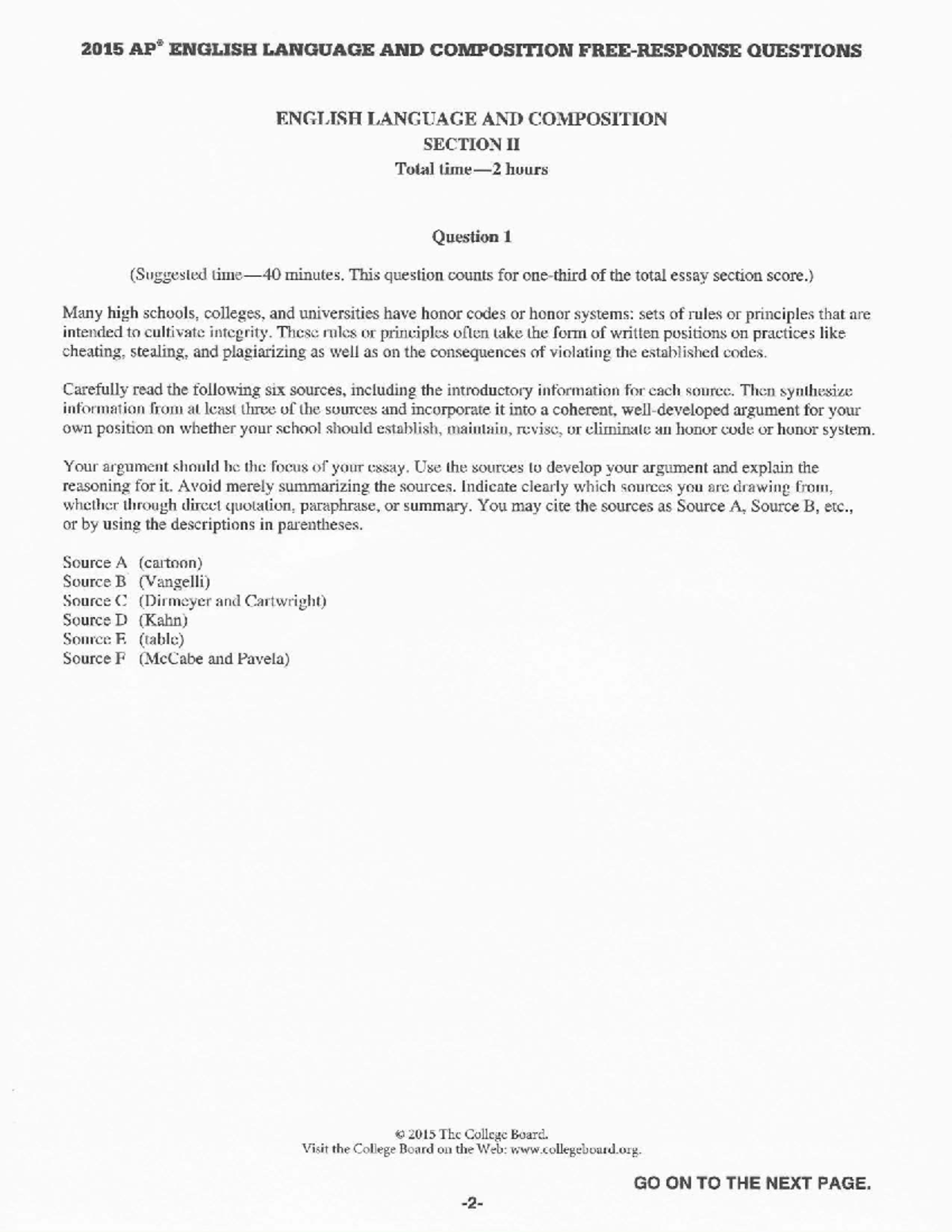 2015 ENGLISH LANGUAGE AND COMPOSITION FRQ: Honor Code Argument Essay ...