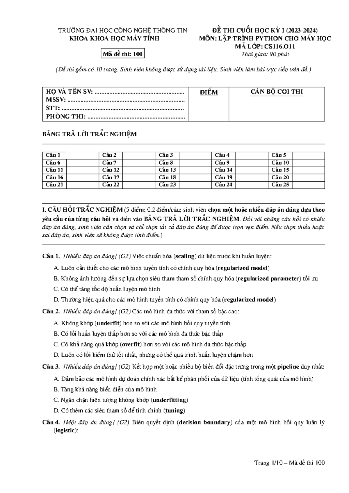 CS116 O11 Final Exam - Python for Machine Learning (2023-2024) - Document Preview
