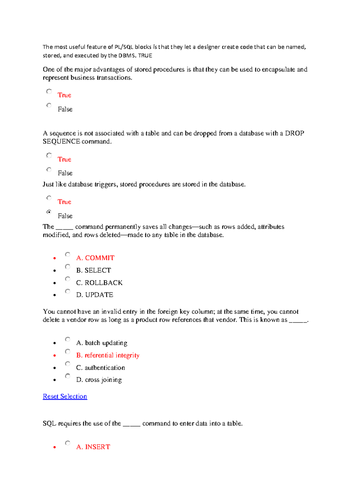 Quiz8 - Online Quiz on SQL Concepts and Procedures - Studocu