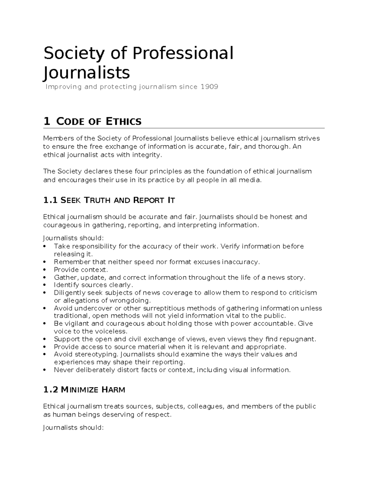 SPJ Code of Ethics: Principles for Ethical Journalism - Studocu