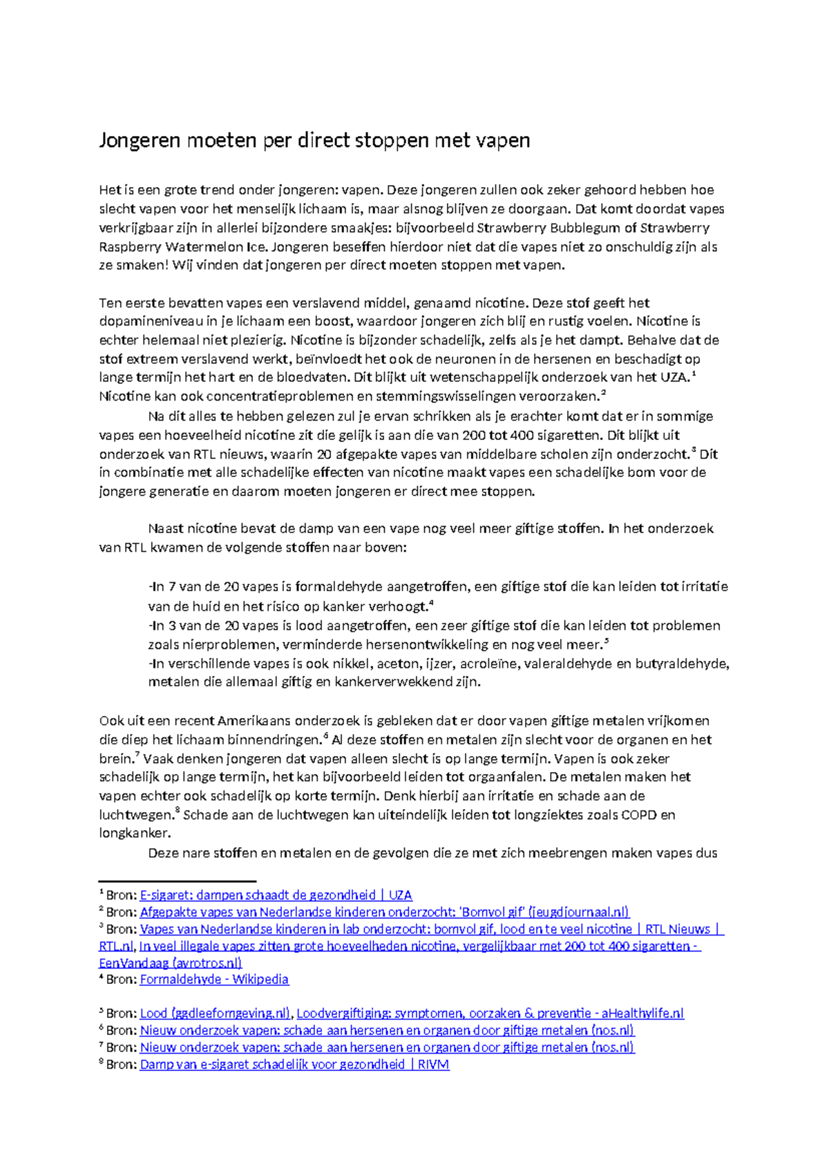 Nederlands - Betoog over het gevaar van vapen en nicotine - Studeersnel