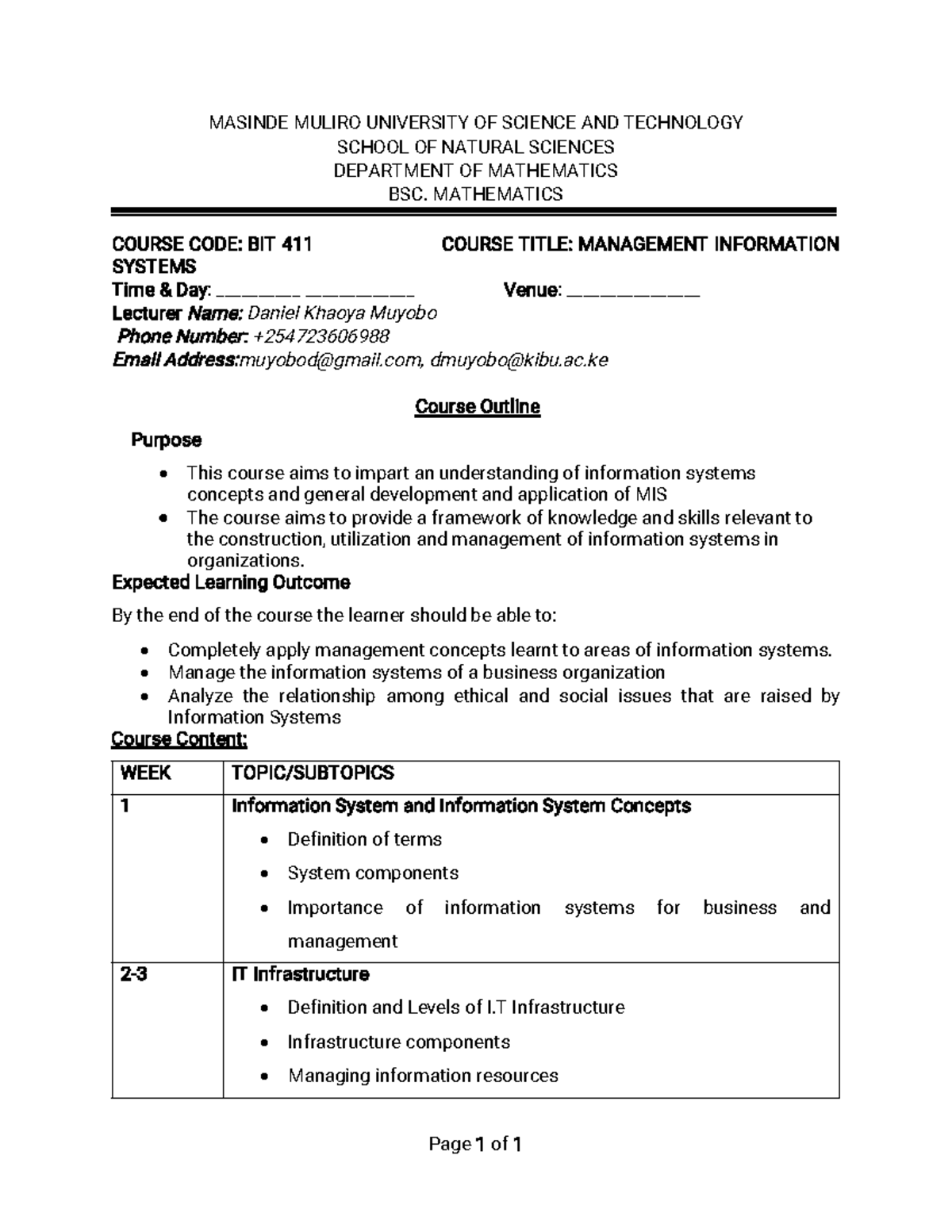 BIT 411: Management Information Systems Course Outline - Studocu
