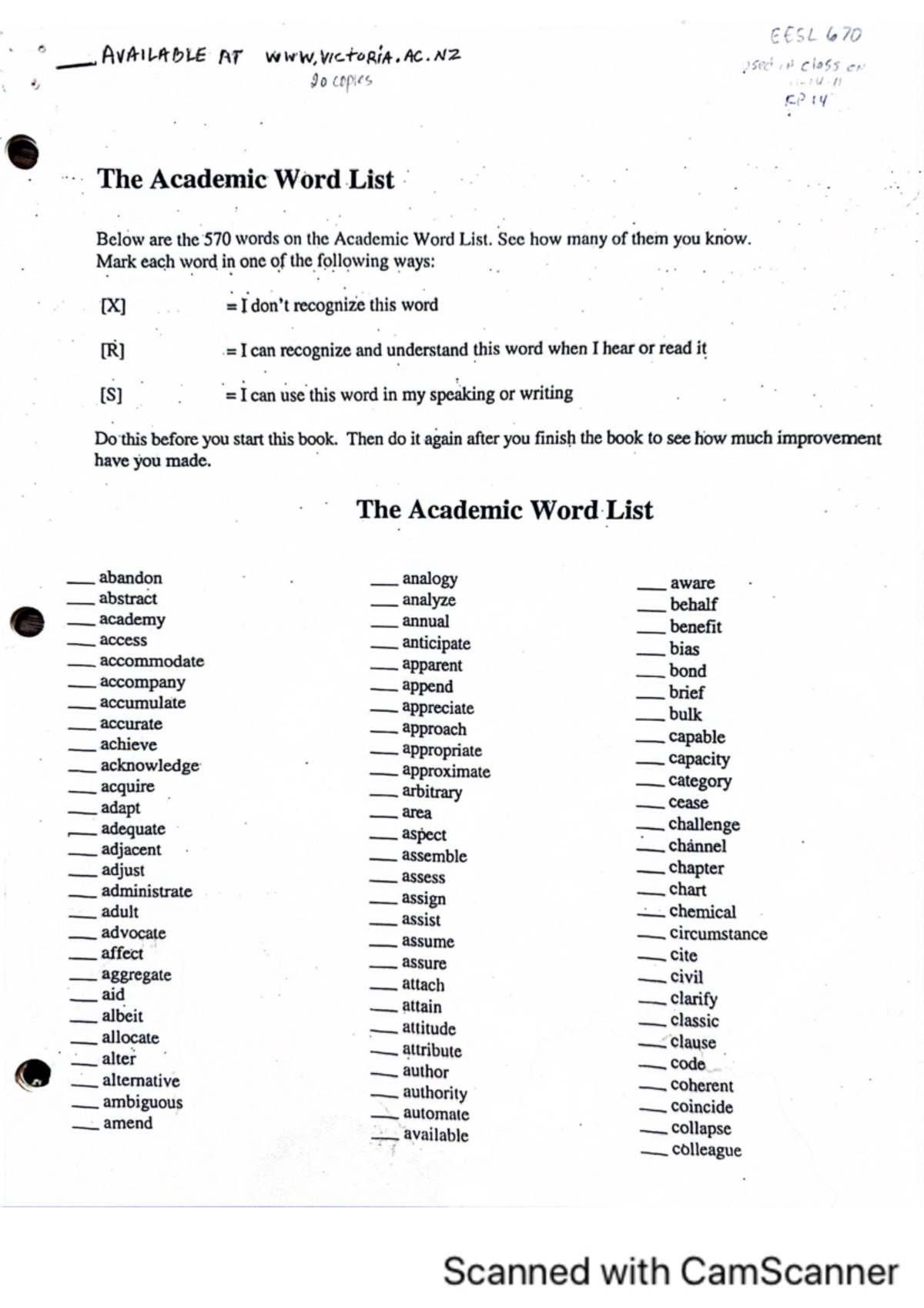 EESL 670: The Comprehensive Academic Word List for Mastery - Studocu