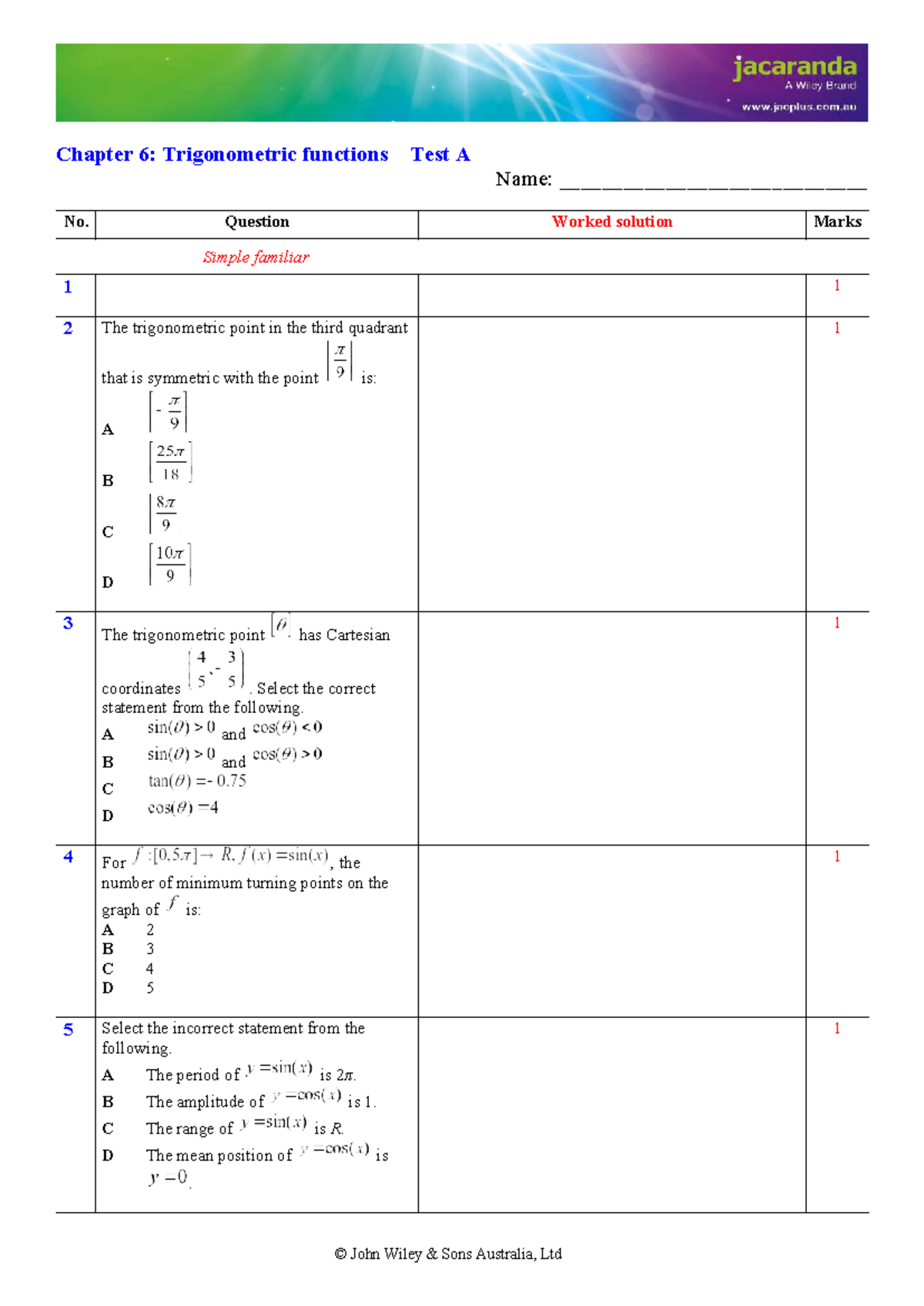 Chapter 6: Trigonometric Functions Test A - Worked Solutions - Studocu