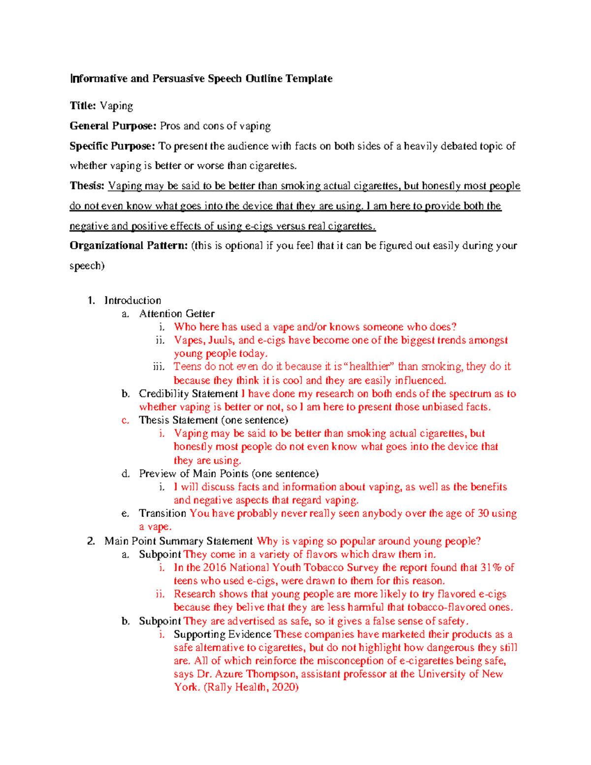 Informative Speech Outline: Vaping Pros and Cons Analysis