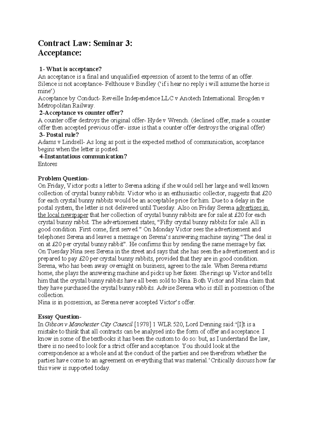 Contract Law: Lecture & Seminar Notes (Sem 3-13) on Acceptance ...