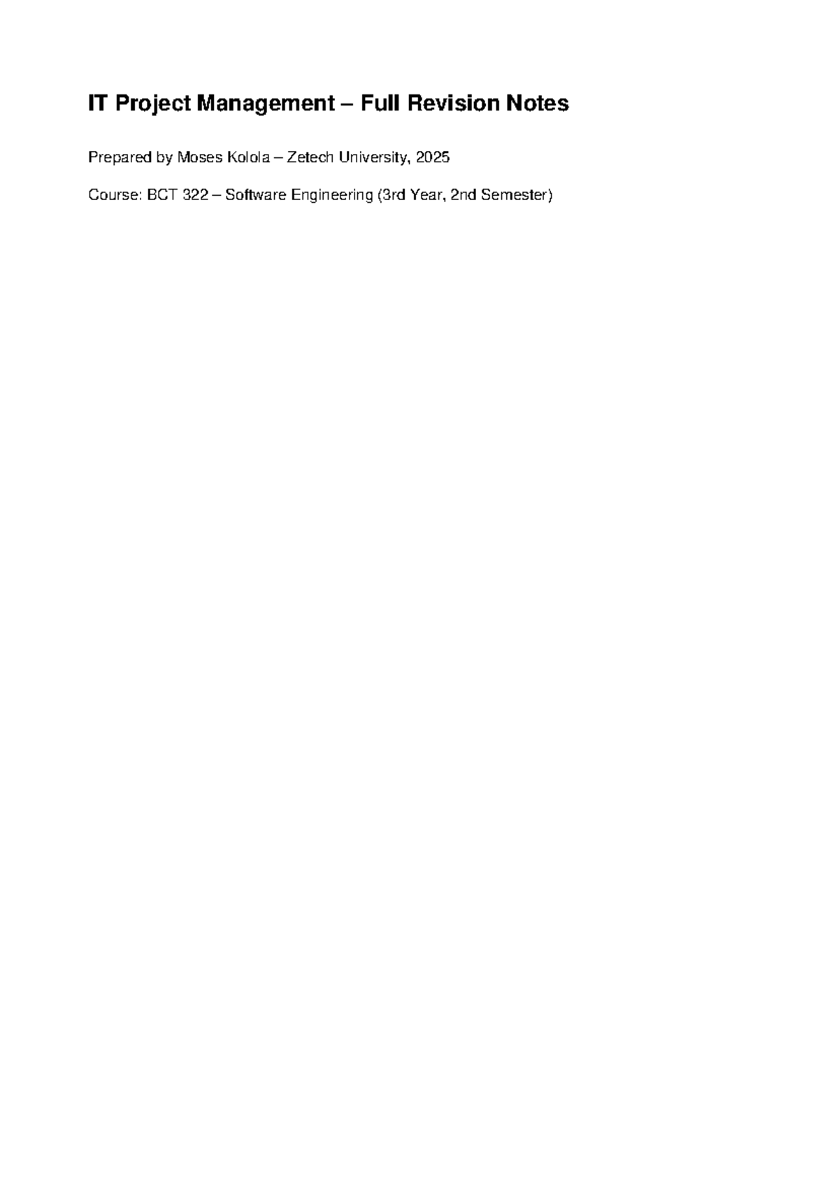 IT Project Management Revision Notes for BCT 322 - 2025 - Studocu