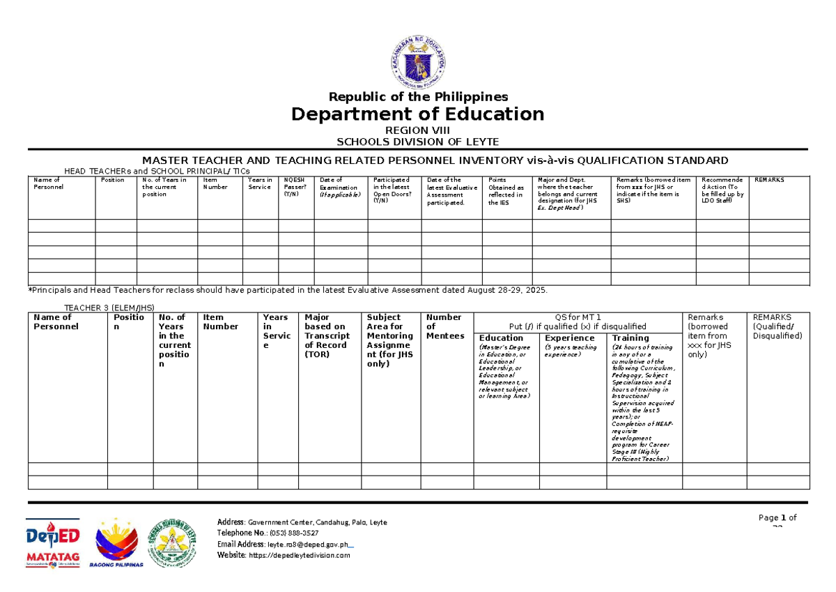 Master Teacher & Teaching Personnel Inventory (Template) - Leyte ...