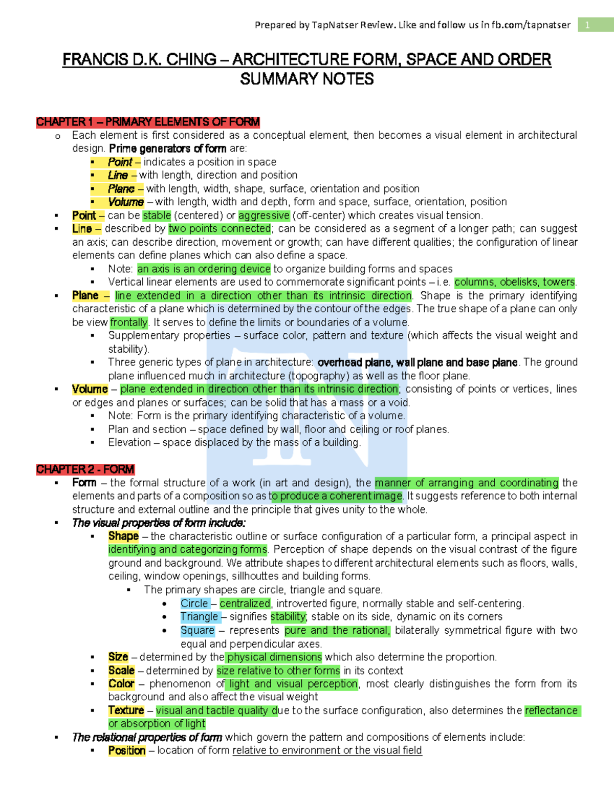 DK Ching ARCH 101 Summary Notes: Form, Space, and Order Review - Studocu