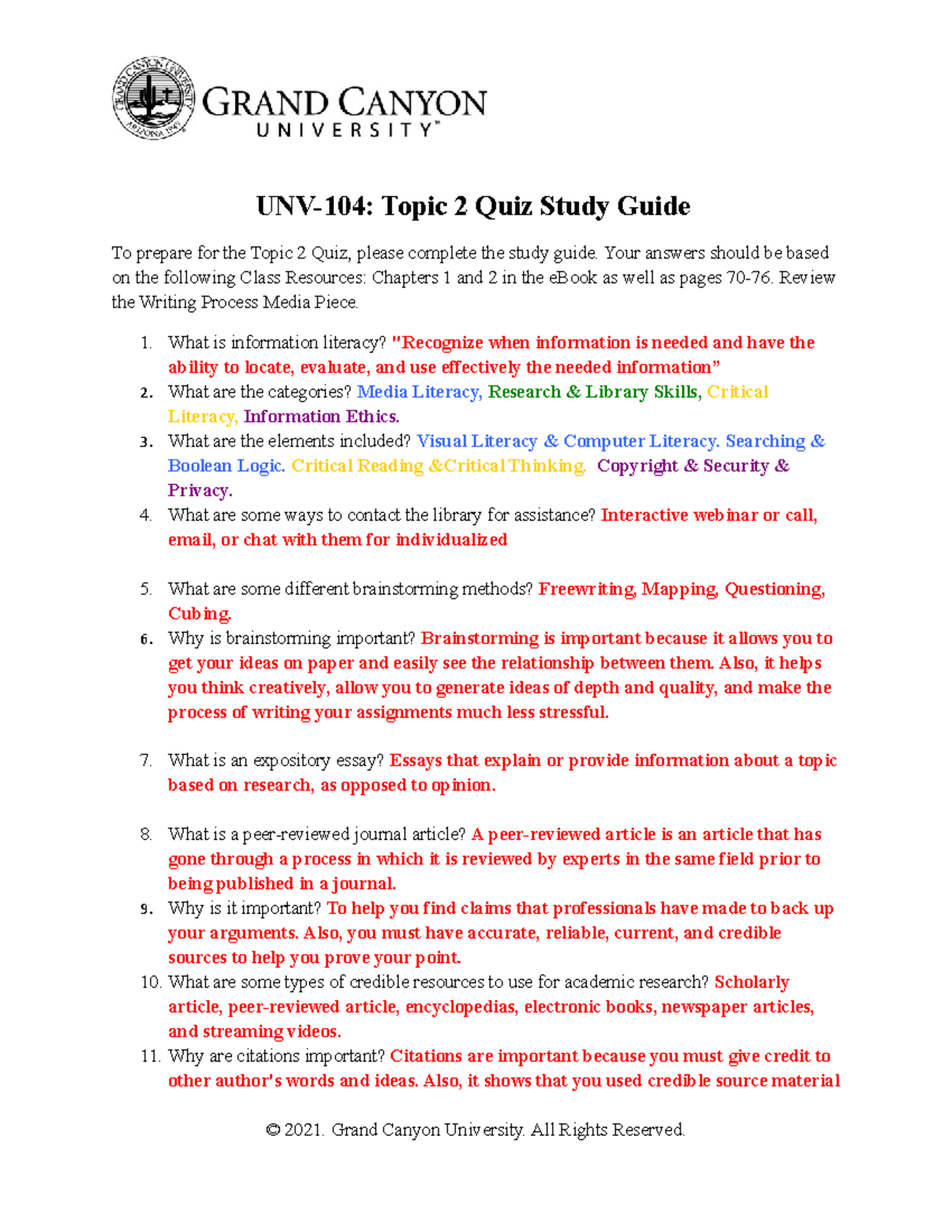 UNV 104 RS T2 Quiz Study Guide - UNV-104: Topic 2 Quiz Study
