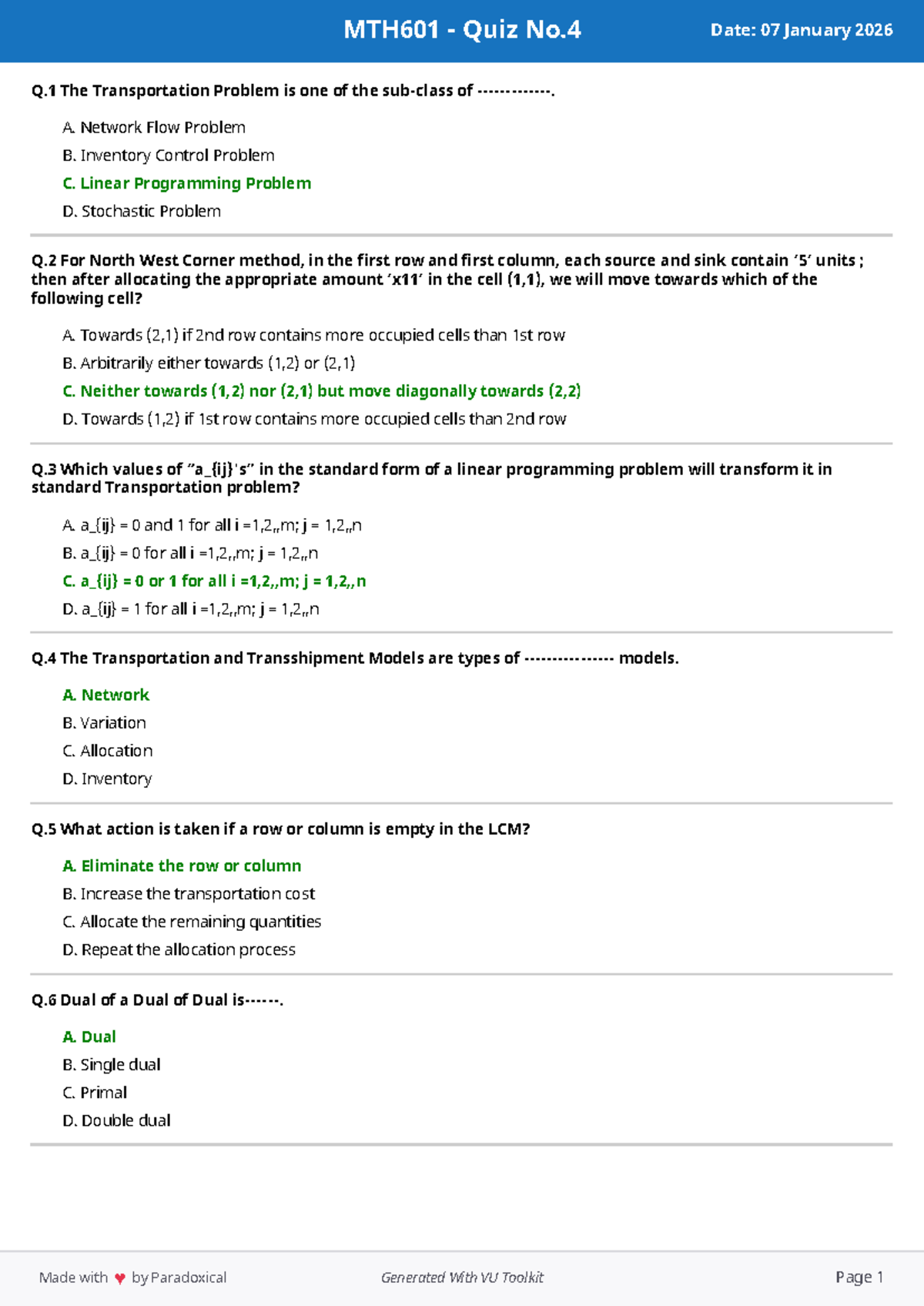 MTH601 Quiz No.4: Transportation Problem & Linear Programming - Studocu