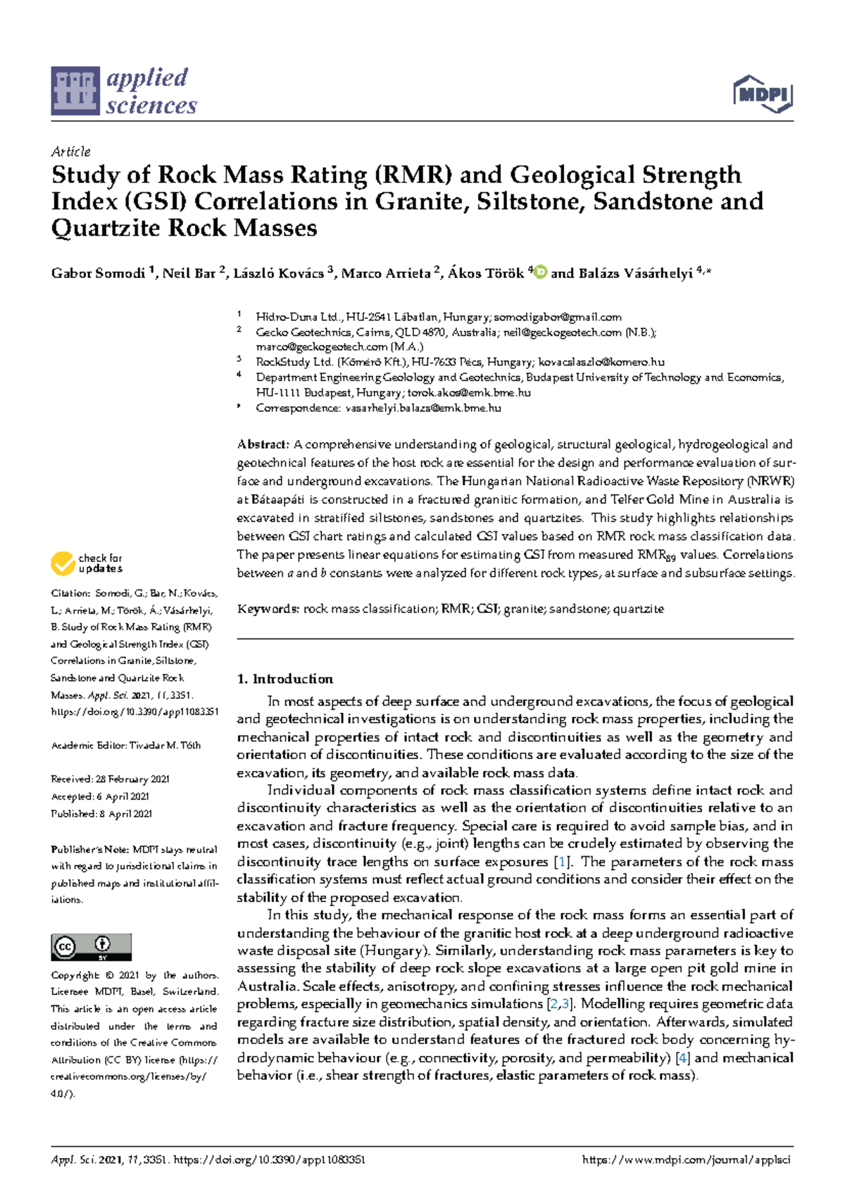 Applied Sciences (Appl. Sci.) RMR and GSI Correlations in Granite and ...