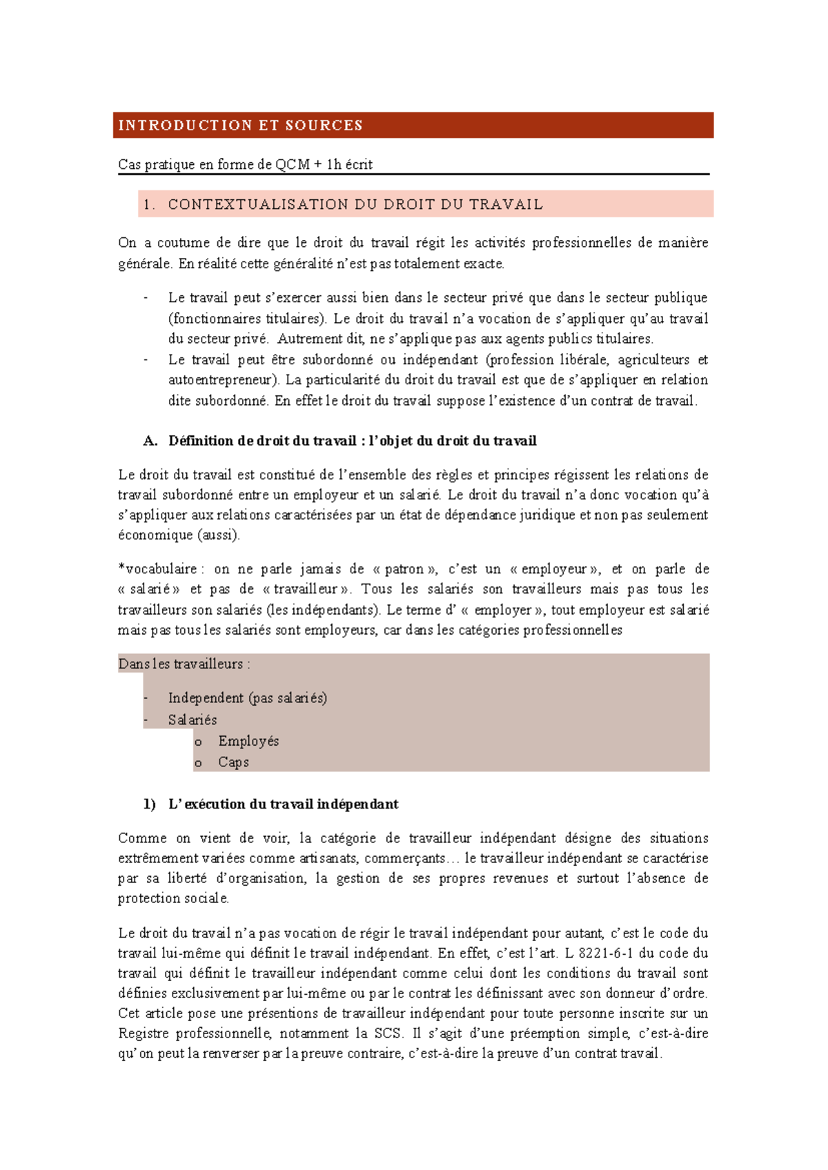 Droit du Travail - Introduction et Sources (Cas Pratique QCM) - Studocu