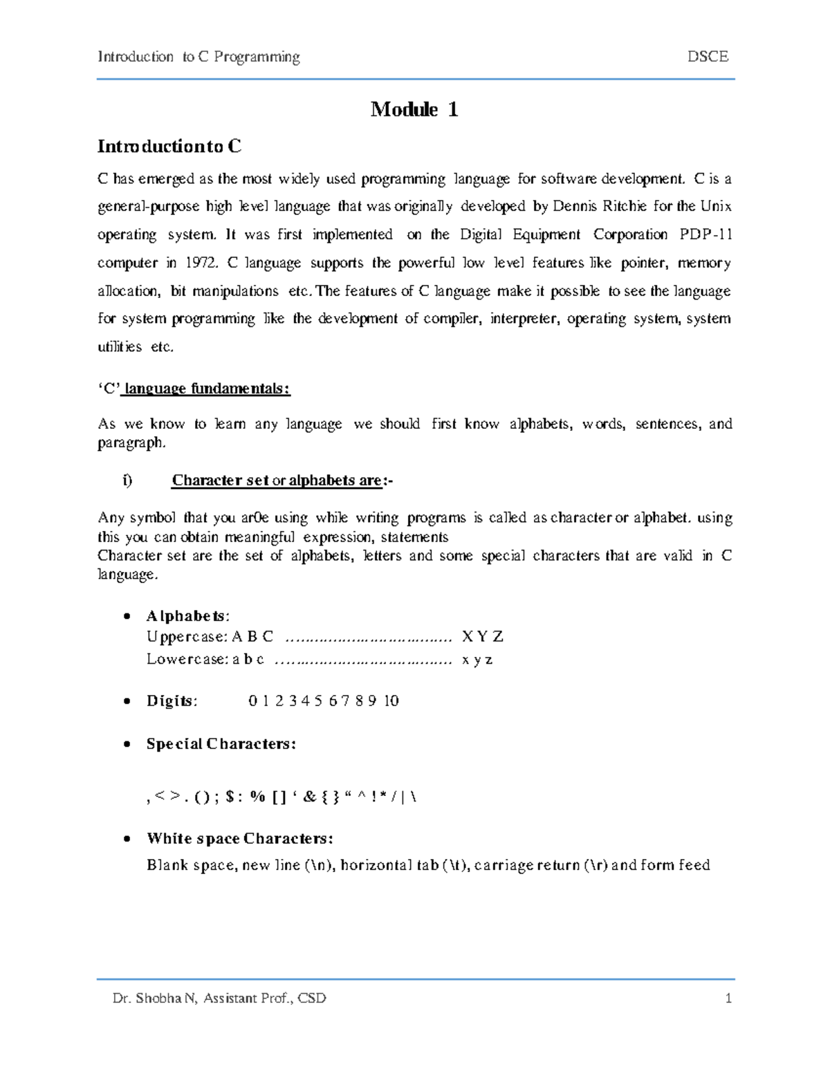 Introduction to C Programming DSCE Module 1: Language Fundamentals and ...