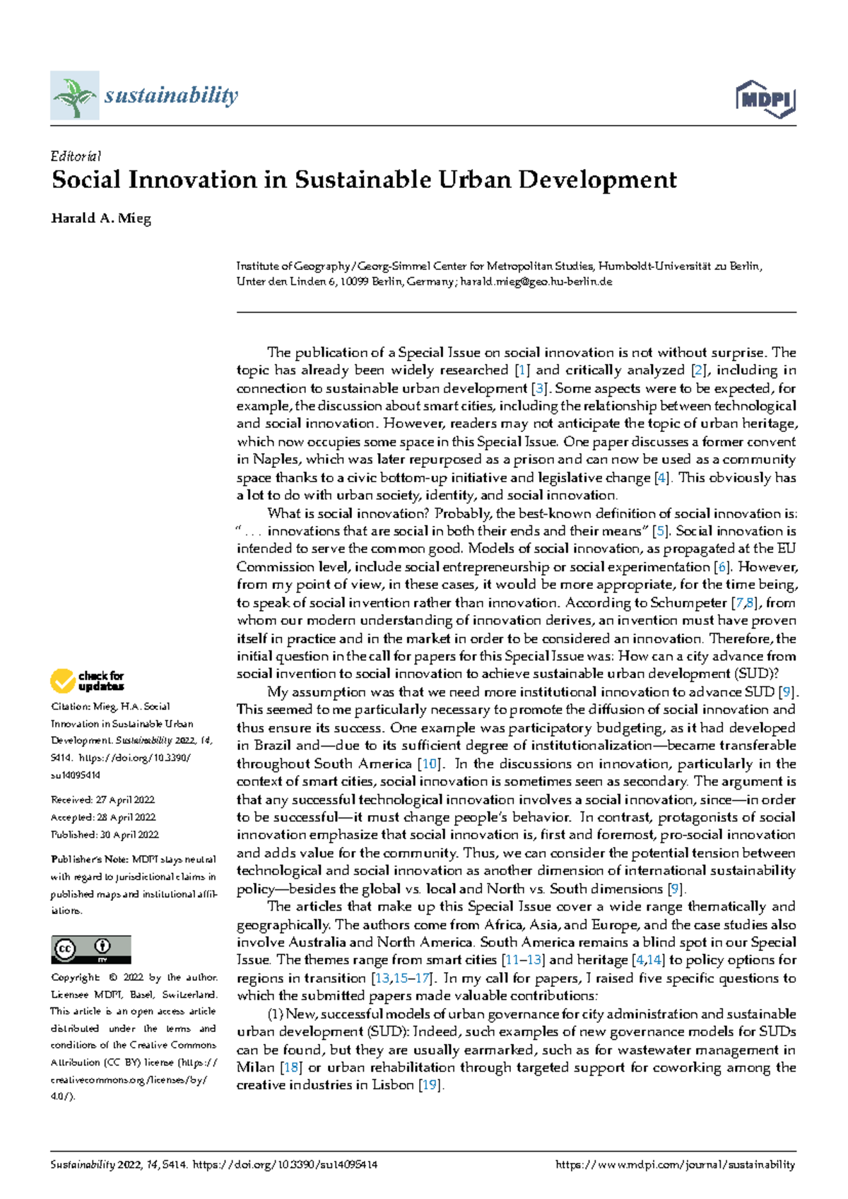 Sustainability 14: Social Innovation in Urban Development Insights ...