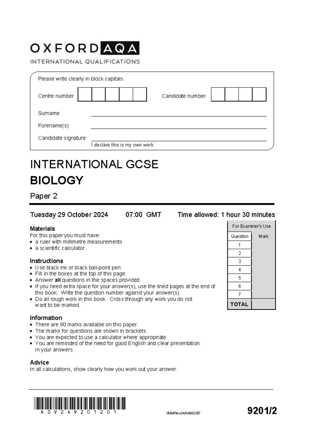 IGCSE BIOLOGY Paper 2 Exam - 29 Oct 2024 (1.5 Hours) - Studocu