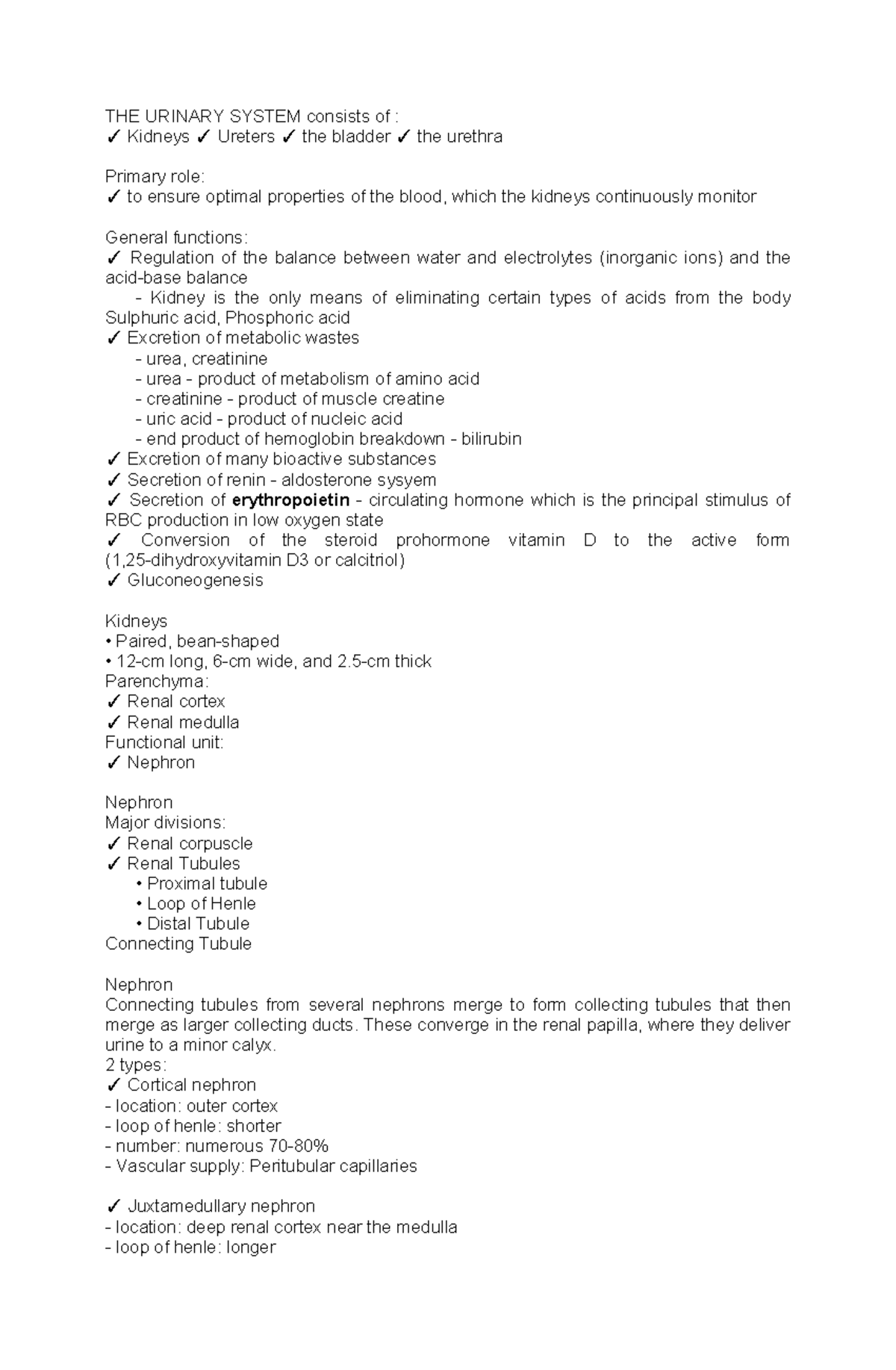 Urinary System Overview & Functions (BIO 101 Lecture Notes) - Studocu