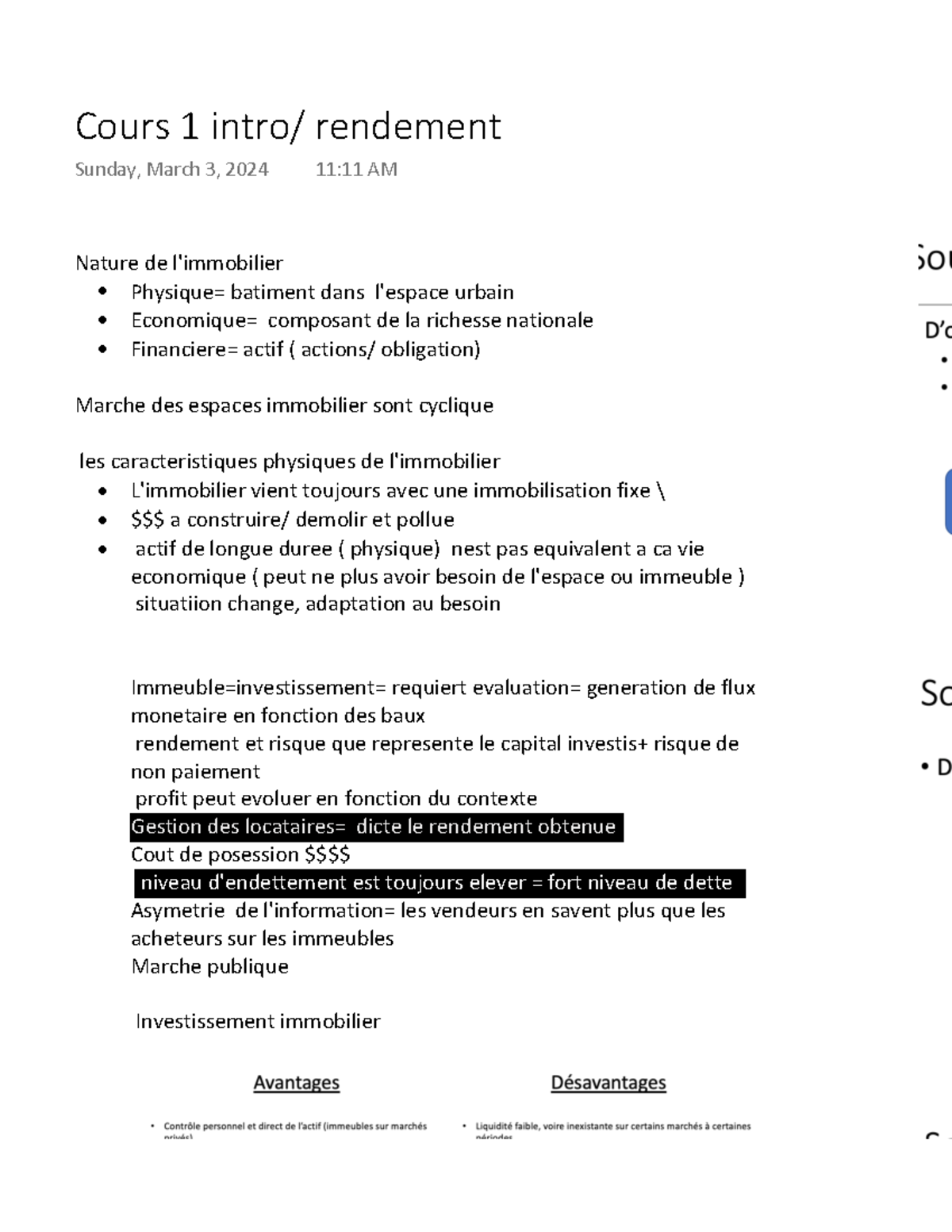 Cours 1: Introduction au Rendement et Nature de l'Immobilier - Studocu