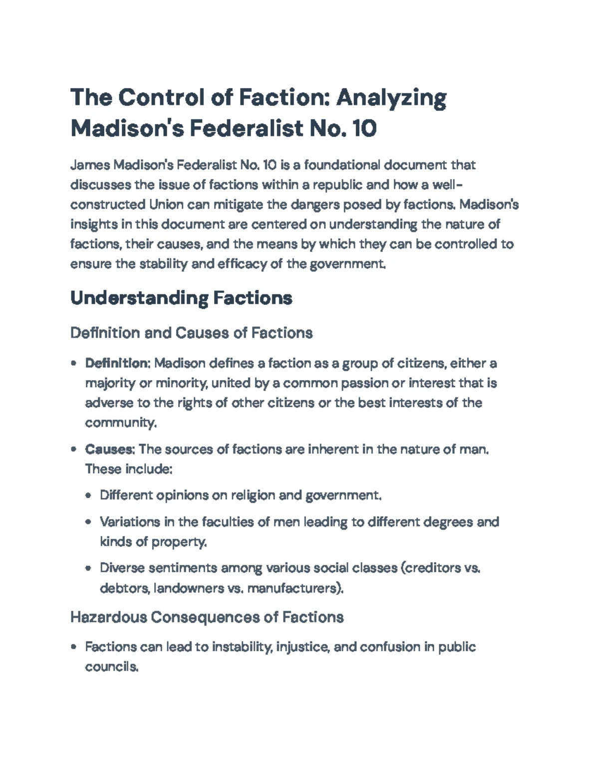 Federalist No. 10: Understanding Factionalism in the Union - Studocu