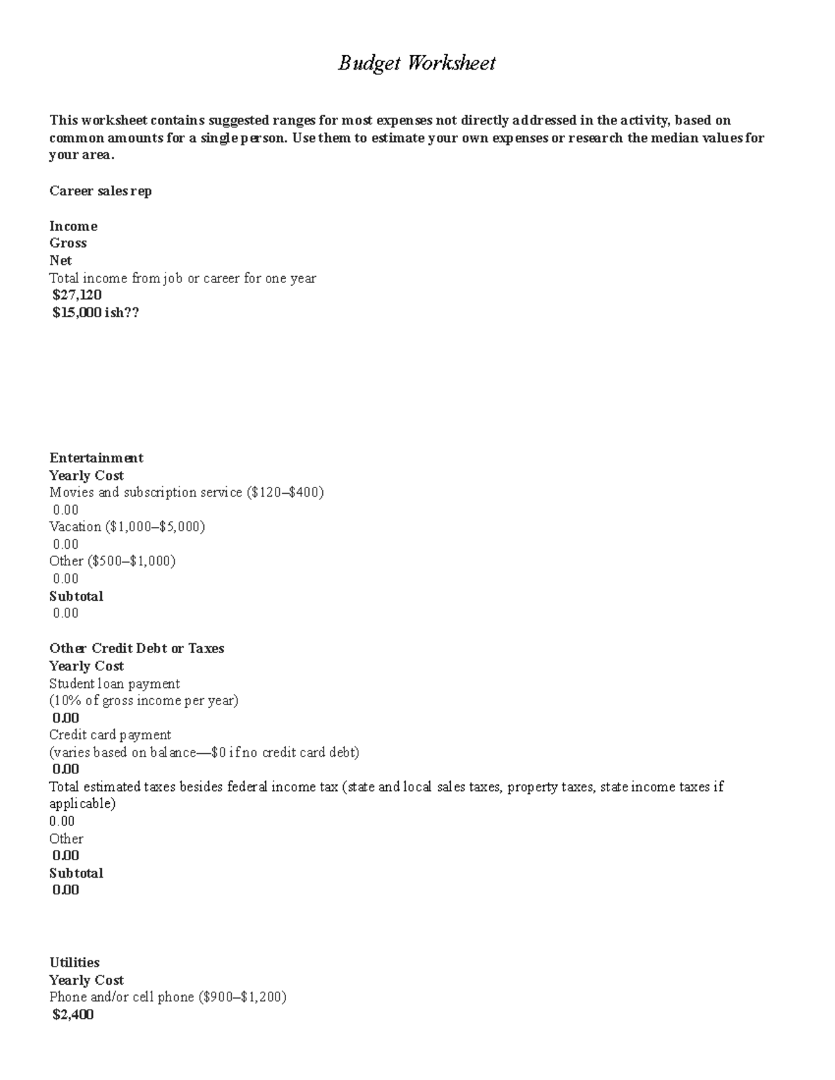 Budget Assignment: Personal Expense Worksheet & Reflection Analysis ...
