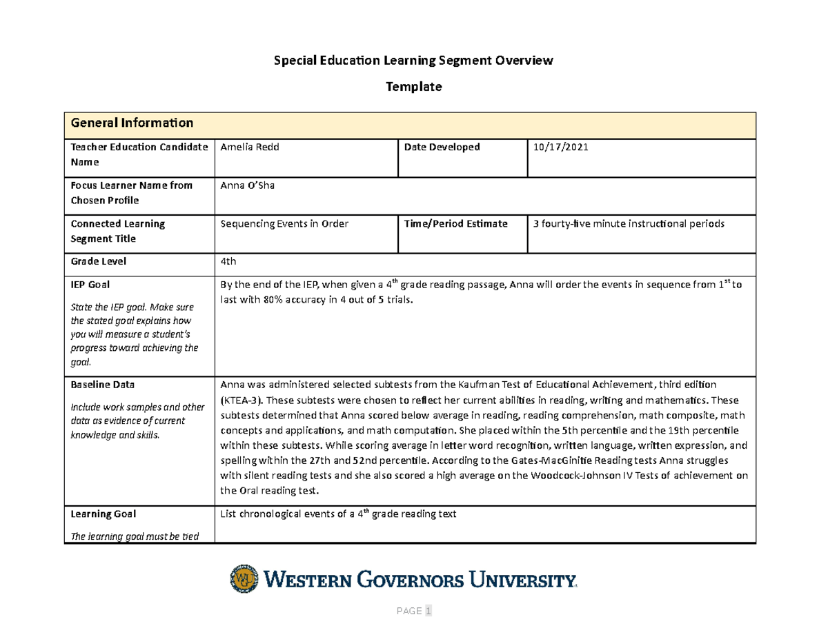 D006 Task 2: Special Ed Learning Segment for 4th Grade Sequencing ...