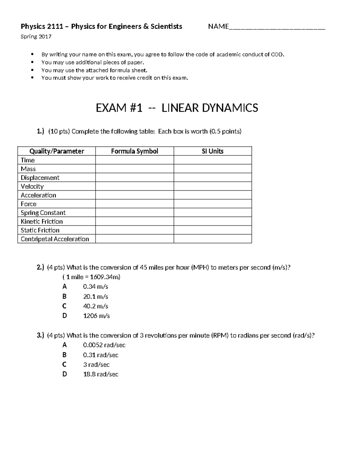 Exam 01 - Physics 2111: Linear Dynamics Spring 2017 Guide - Studocu
