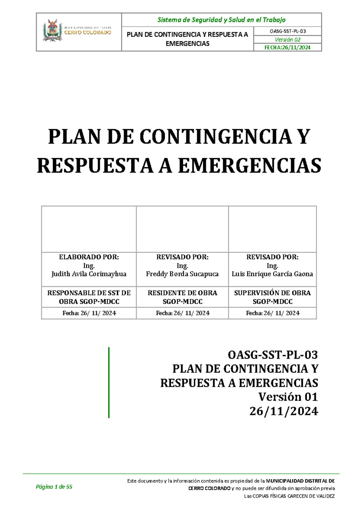 OA SG SST- P-03: Plan de Contingencia y Respuesta a Emergencias 2024 ...