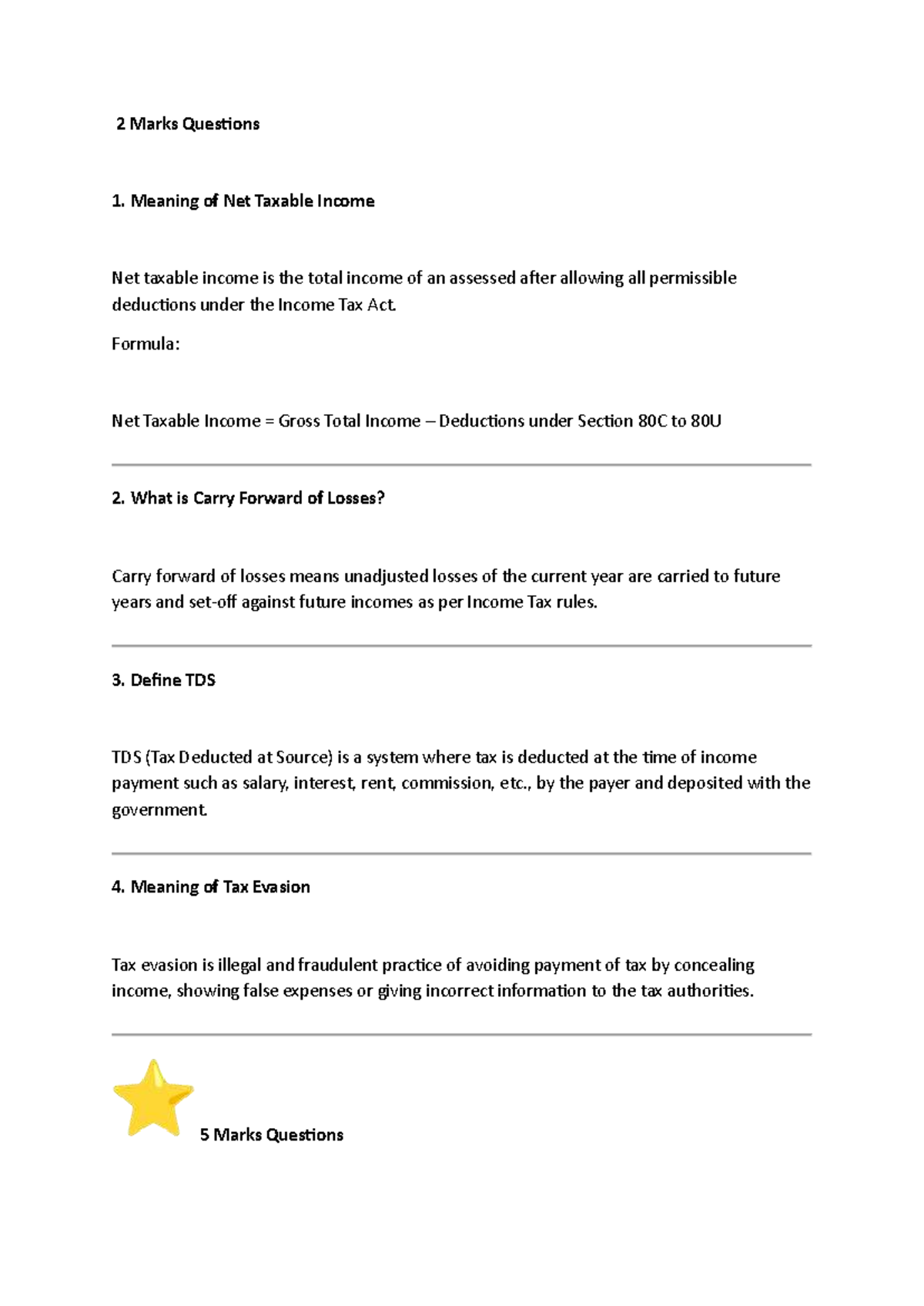 DT Notes - Income Tax Concepts and Computation (2 Marks, 5 Marks, 10 ...