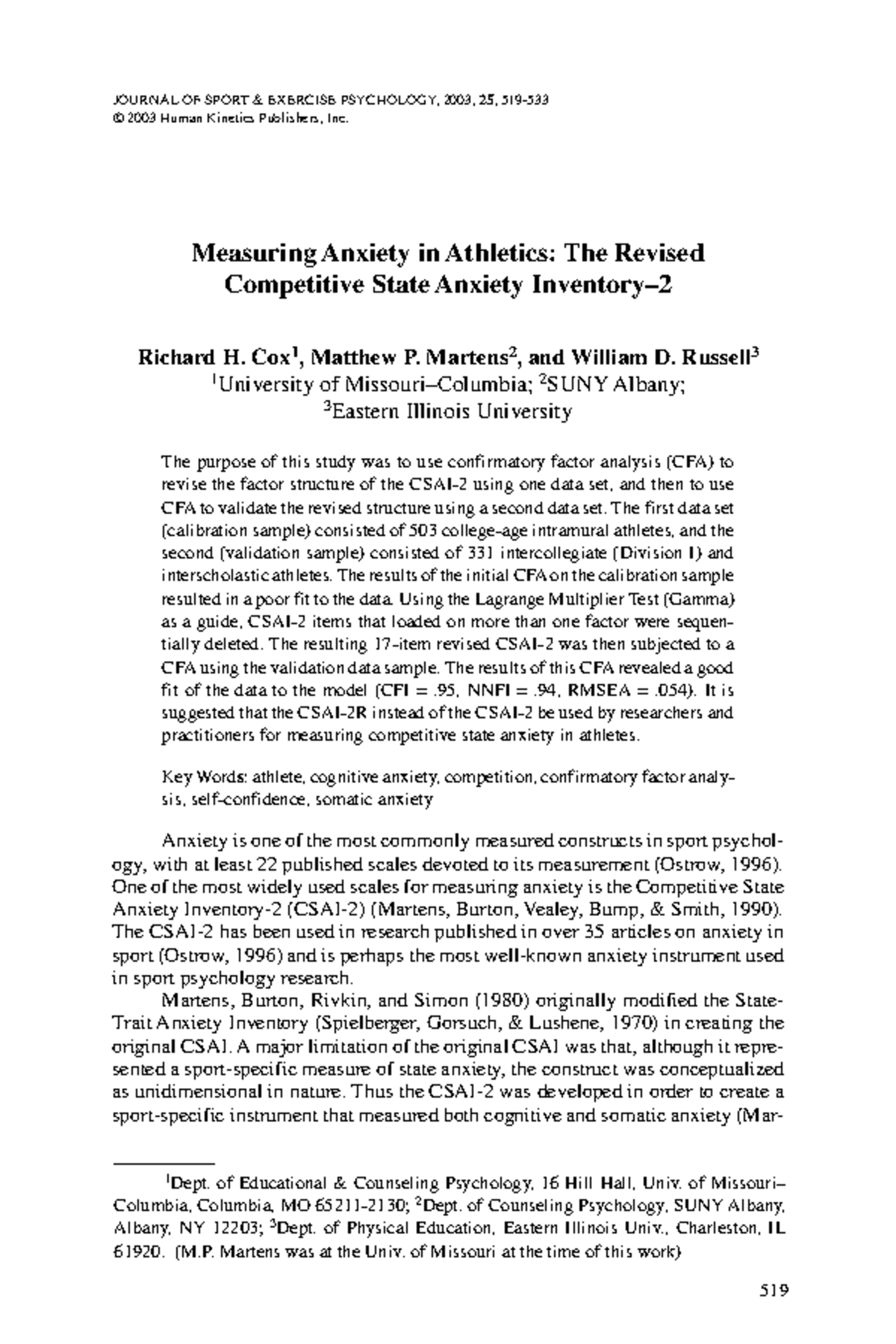 Revised CSAI-2: Validating Competitive State Anxiety Measurement - Studocu