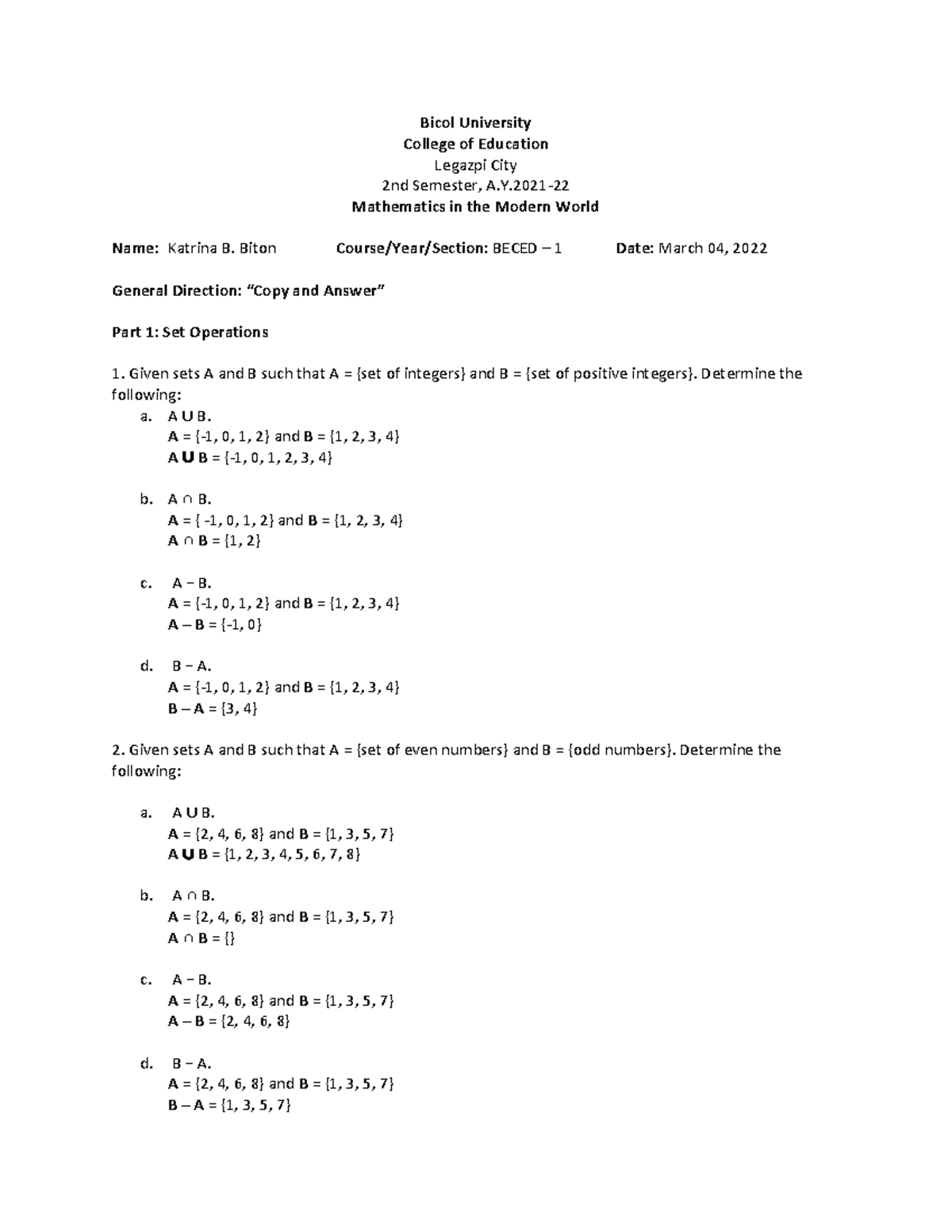 Mathematics in the Modern World— Worksheet 2: Set Operations & Types ...