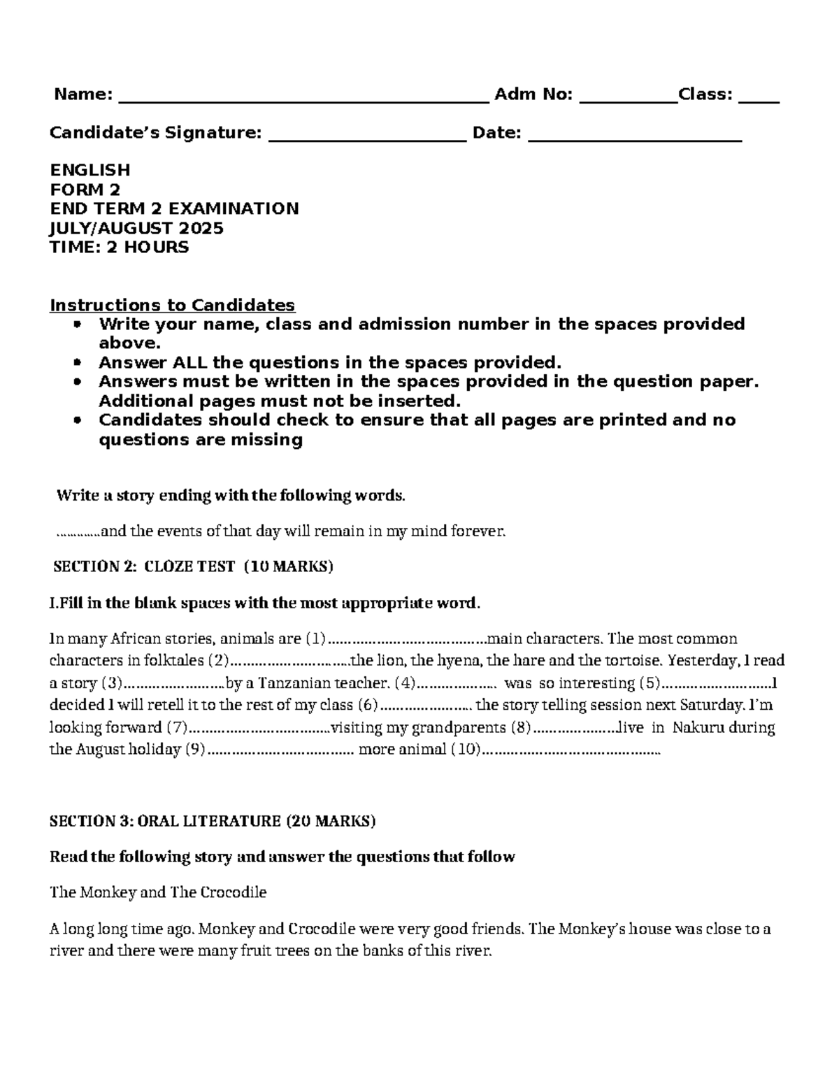 F2 ENGLISH FORM 2 END TERM 2 EXAMINATION 2025 QUESTIONS - Studocu