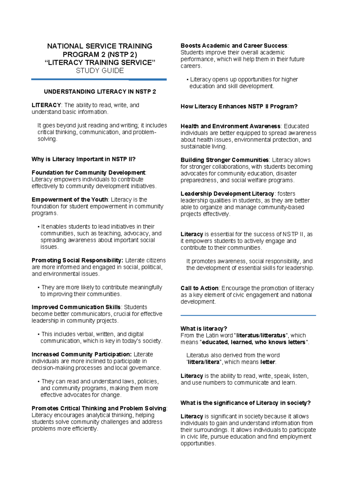 NSTP 2 Review Guide: Key Concepts in Literacy Development - Studocu