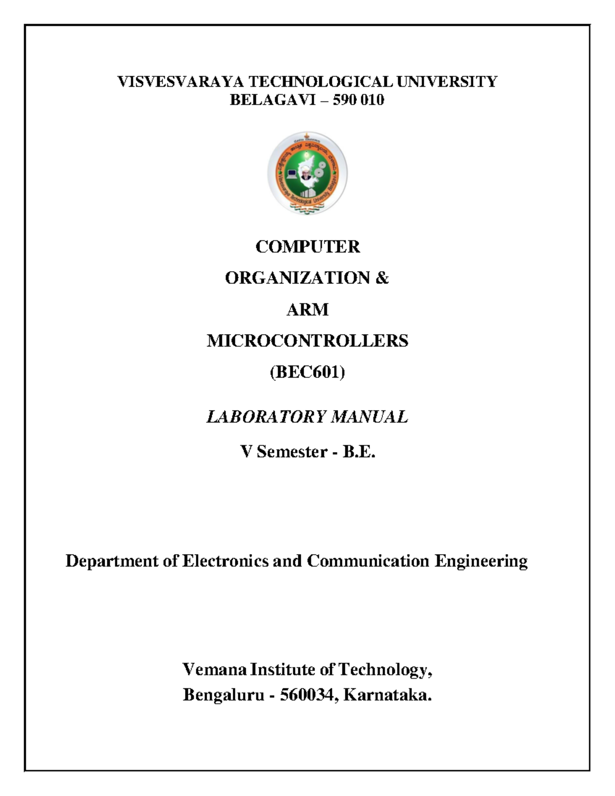 ARM Microcontroller Laboratory Manual (BEC601) for V Semester ECE - Studocu