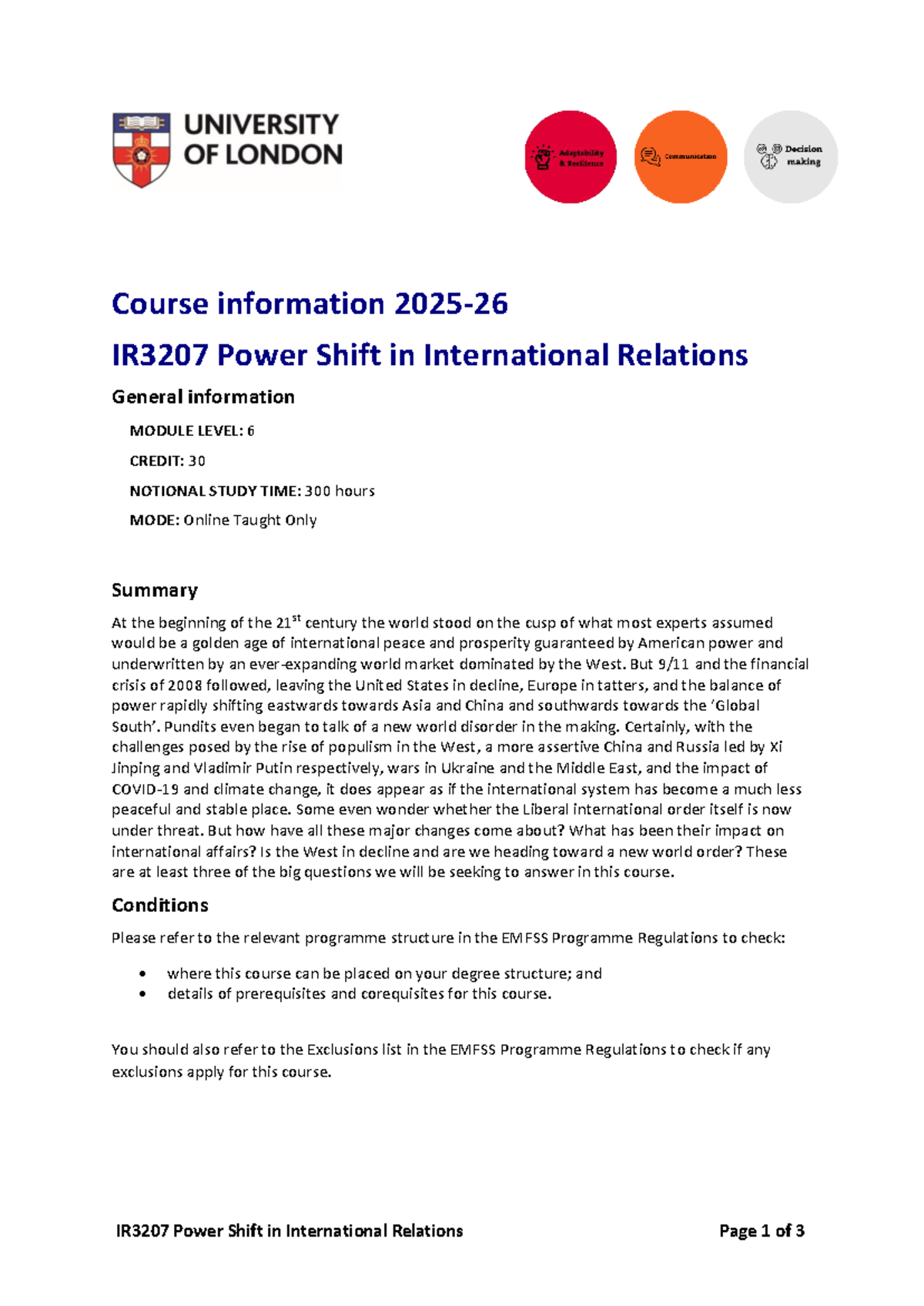 IR3207 Power Shift in International Relations Course Overview - Studocu