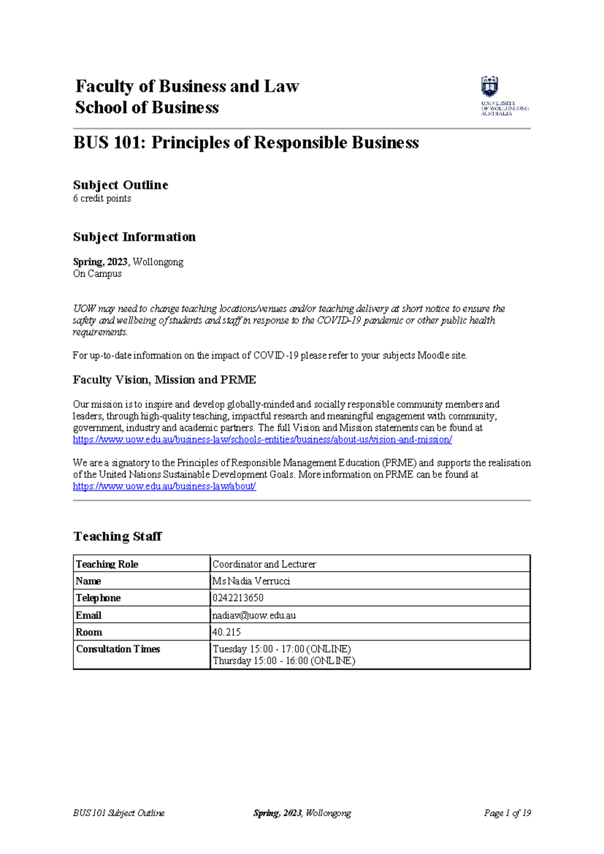 BUS 101 - Principles of Responsible Business Subject Outline 2023 - Studocu