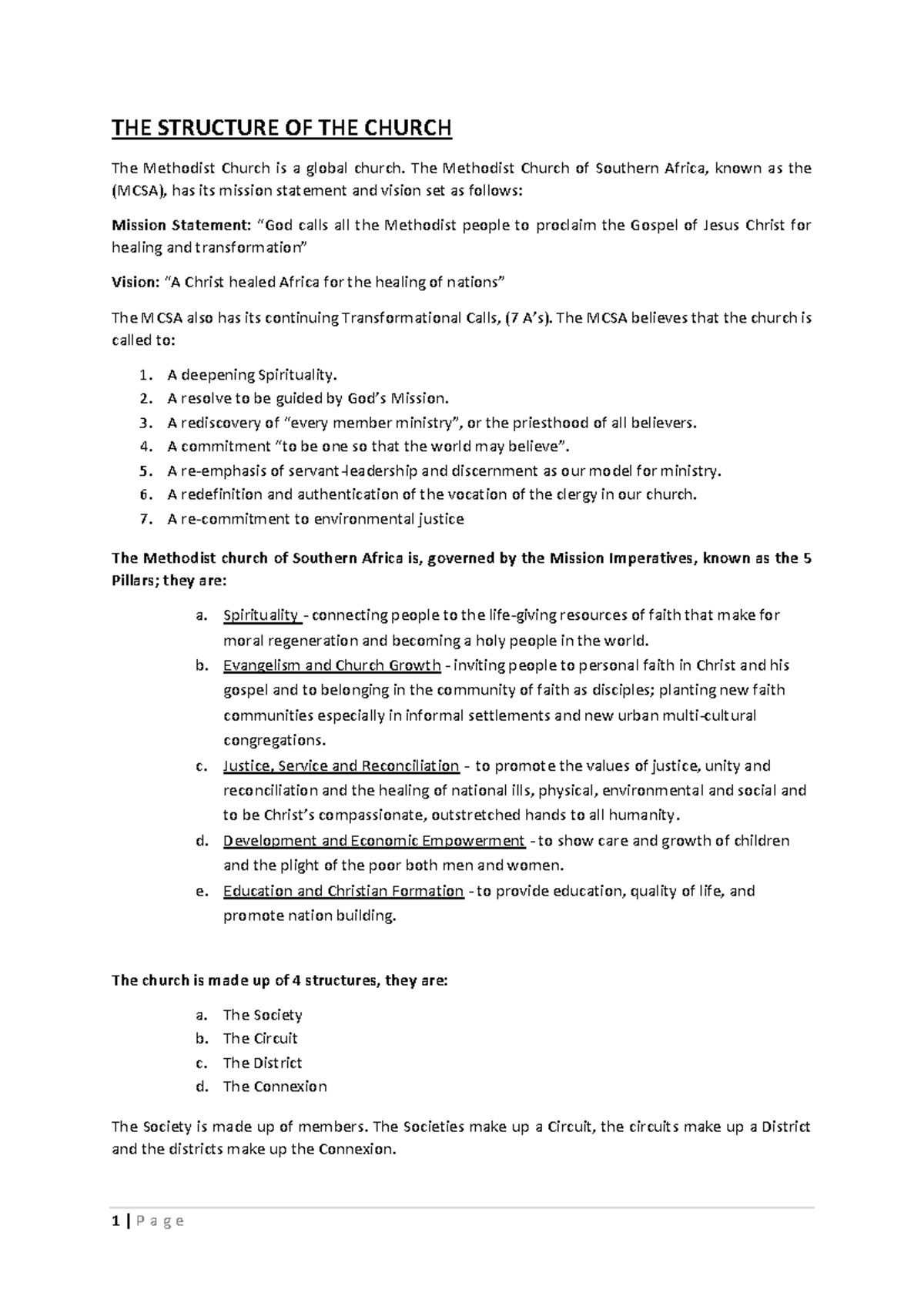 MCSA 1100: Structure and Mission of the Methodist Church - Studocu