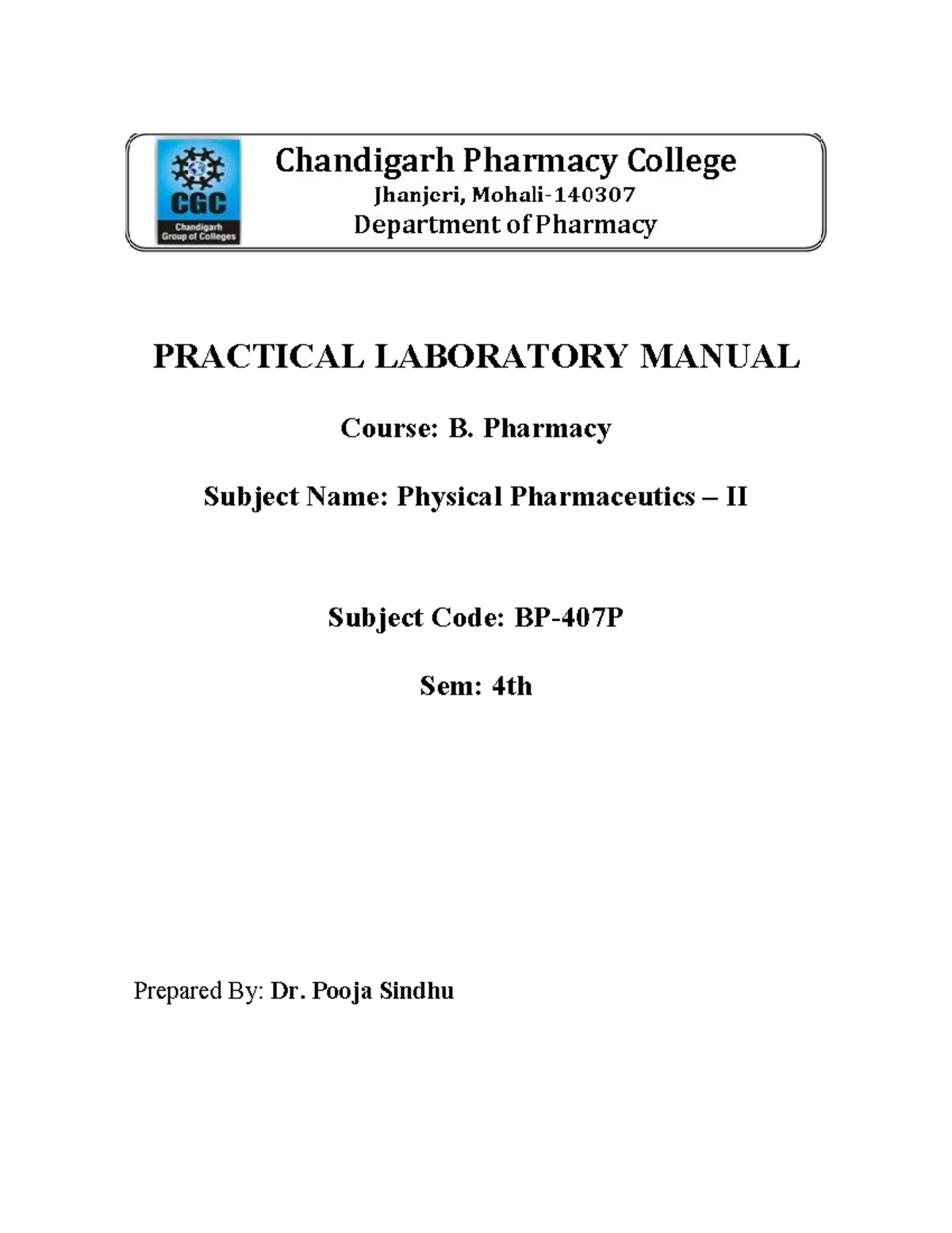 Physical Pharmaceutics II Lab Manual - B. Pharmacy Sem 4 - Studocu