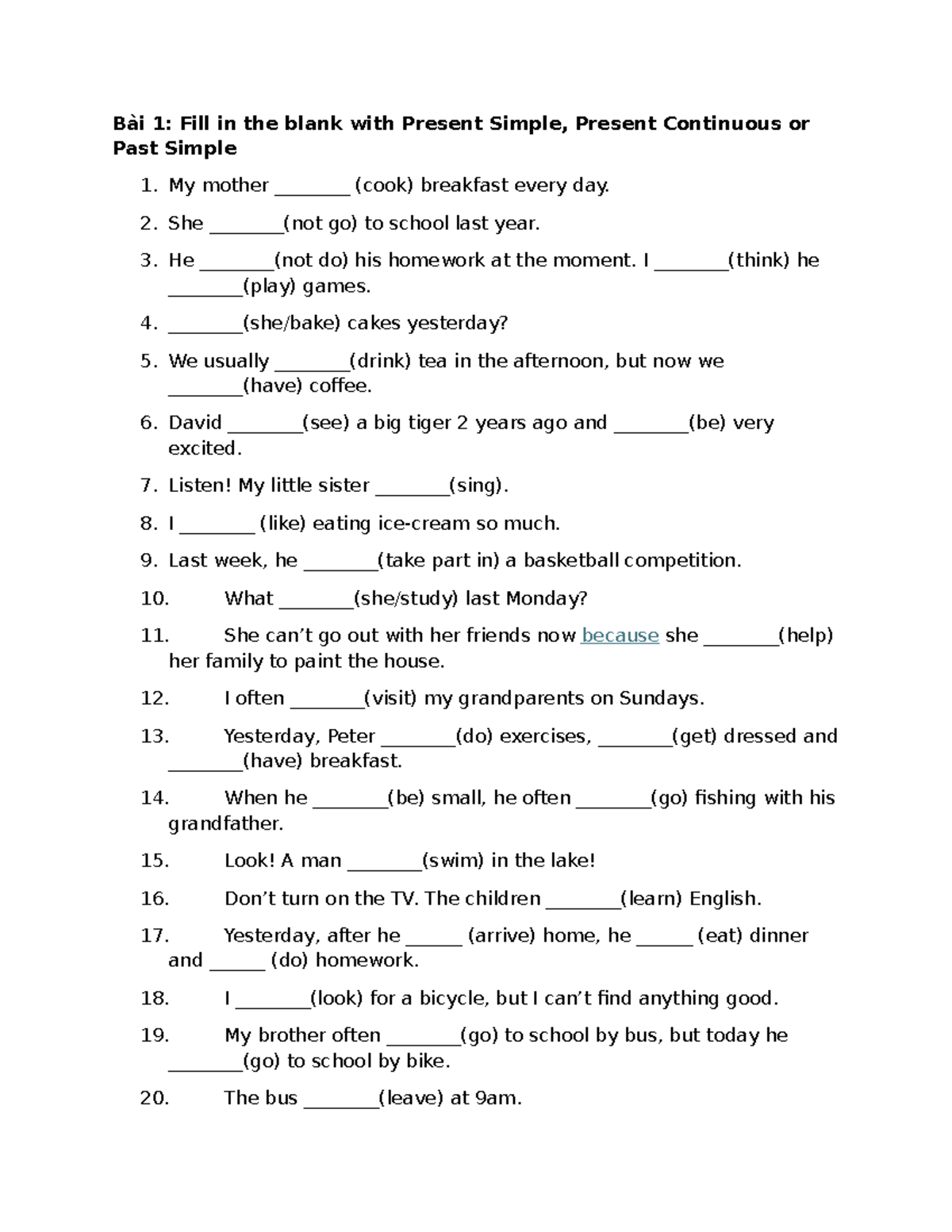 Verb Tense Exercises: Present Simple, Continuous & Past Simple - Studocu