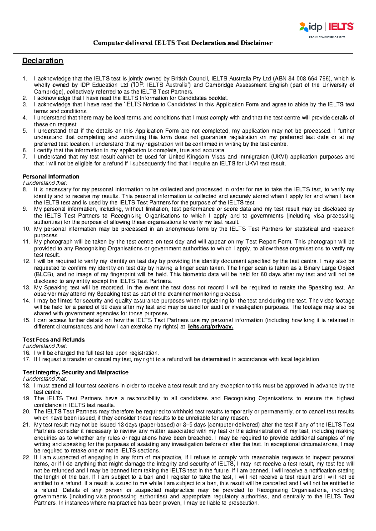 CD IELTS Test Declaration and Disclaimer Document - Studocu