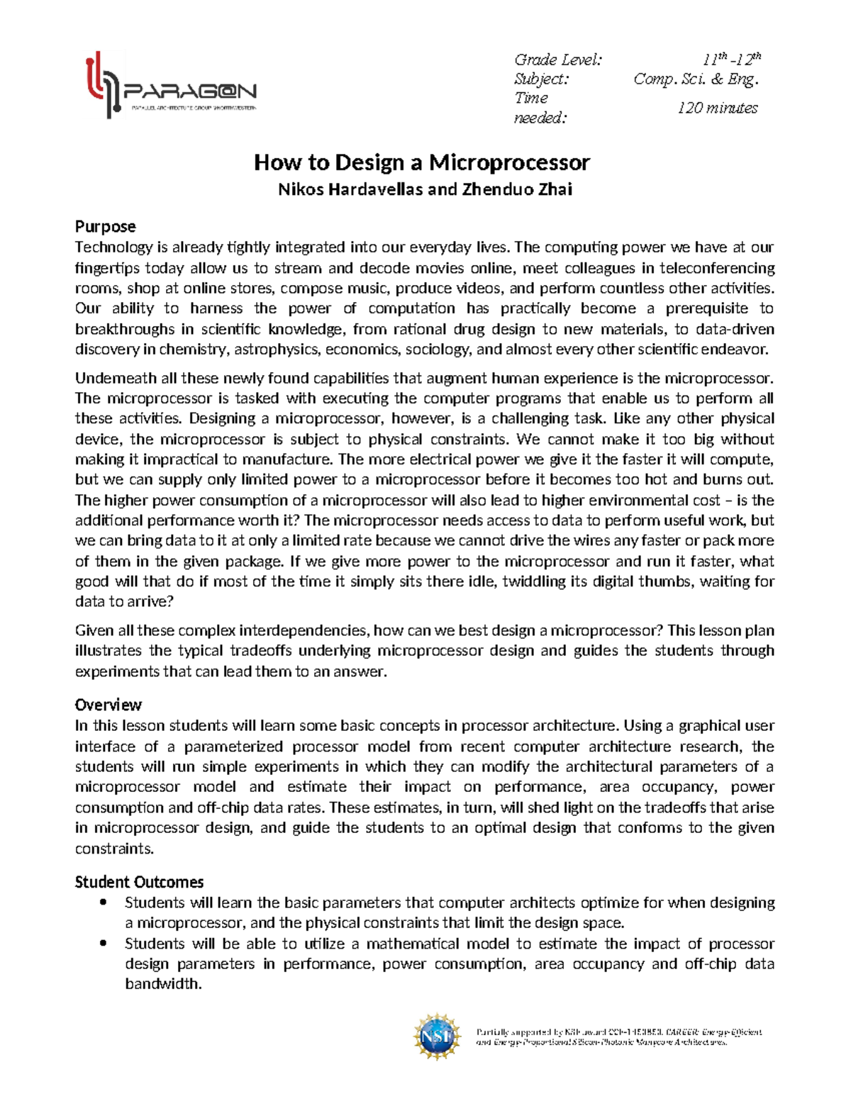 Designing Efficient Microprocessors: A Lesson Plan for CS&E (11-12 ...