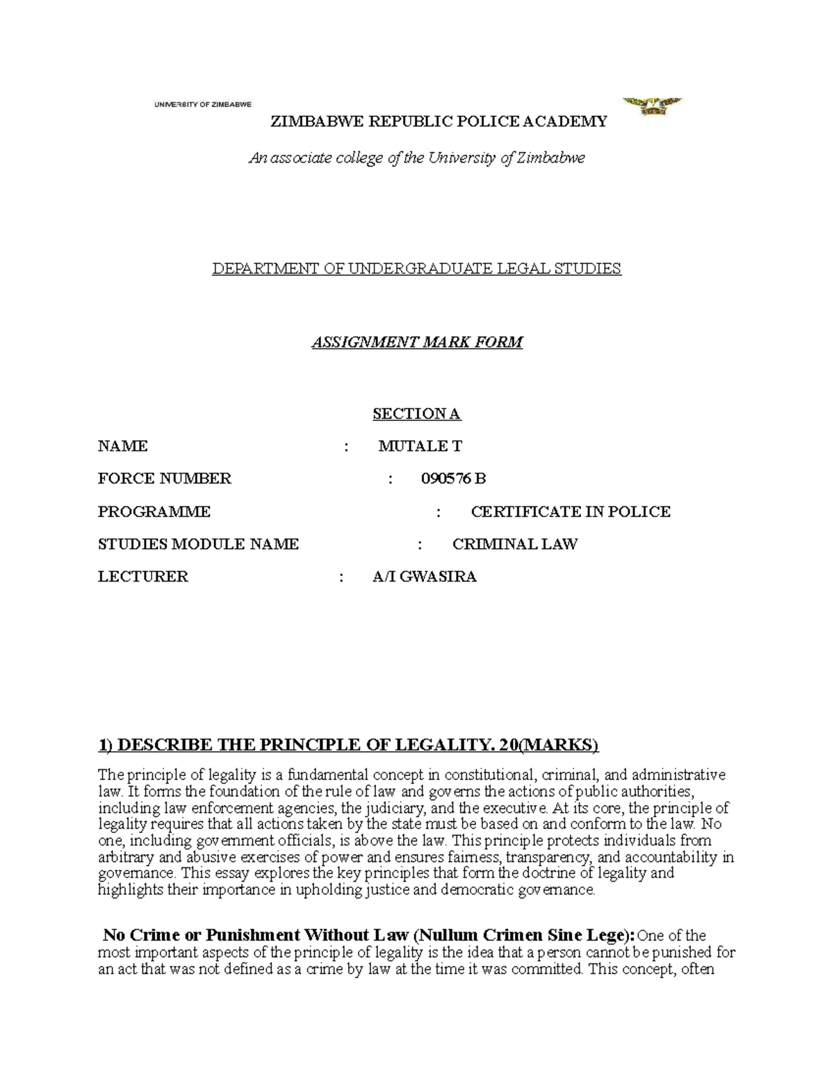 Legal Principles of Legality in Criminal Law - CPLC 101 - Studocu