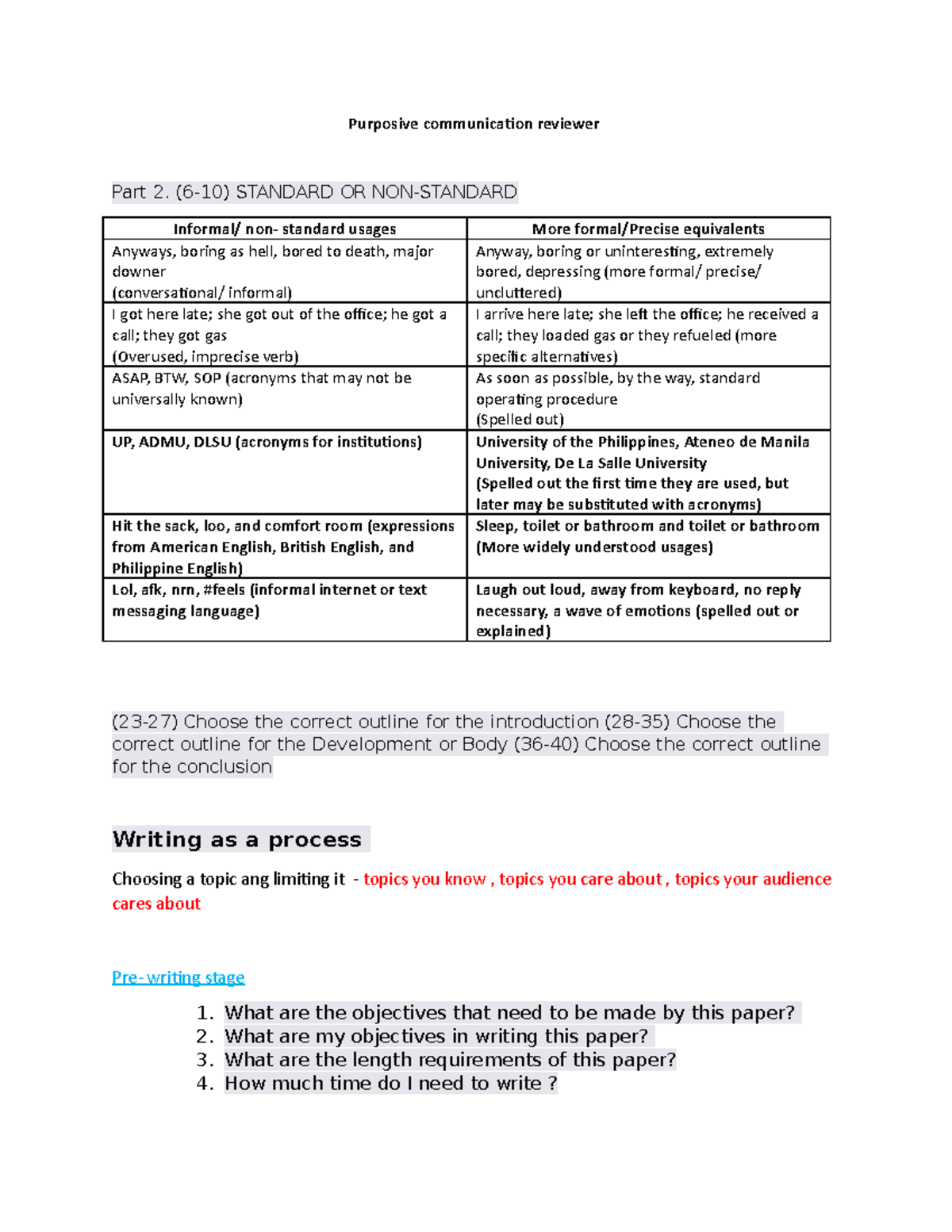 Purposive communication reviewer - (6-10) STANDARD OR NON-STANDARD ...