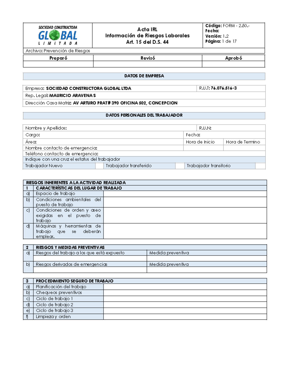 Acta IRL de Información de Riesgos Laborales - D.S. 44 (Código: FORM 2. ...