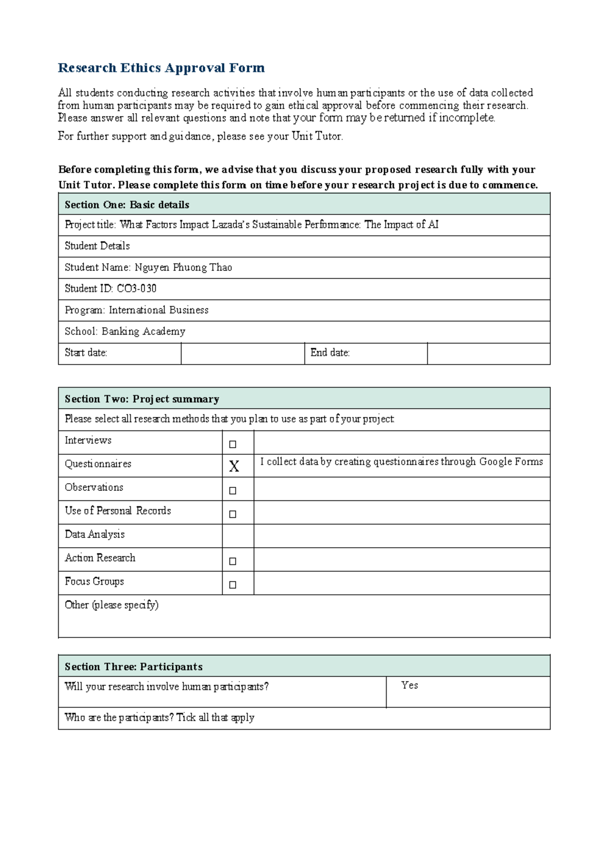 Research Ethics Approval Form: AI Impact on Sustainable Performance ...