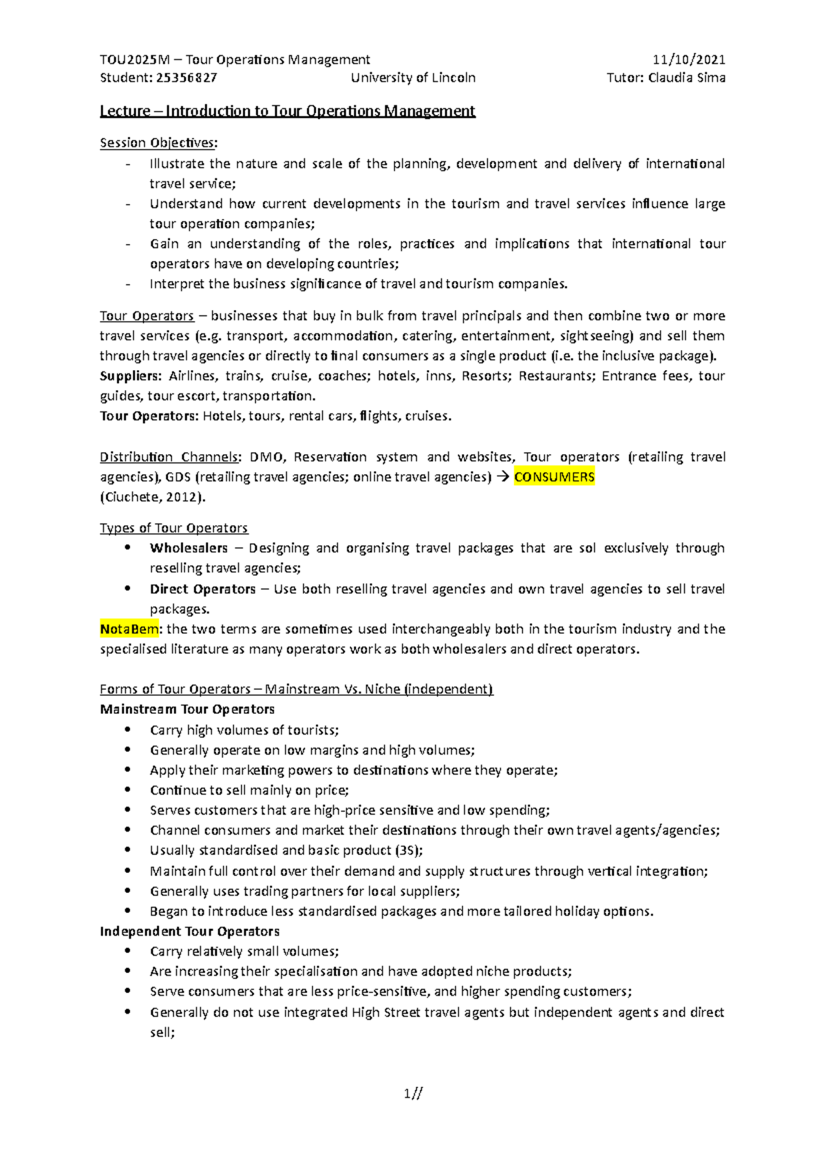 TOU2025M - Lecture 1: Intro to Tour Operations Management - Studocu