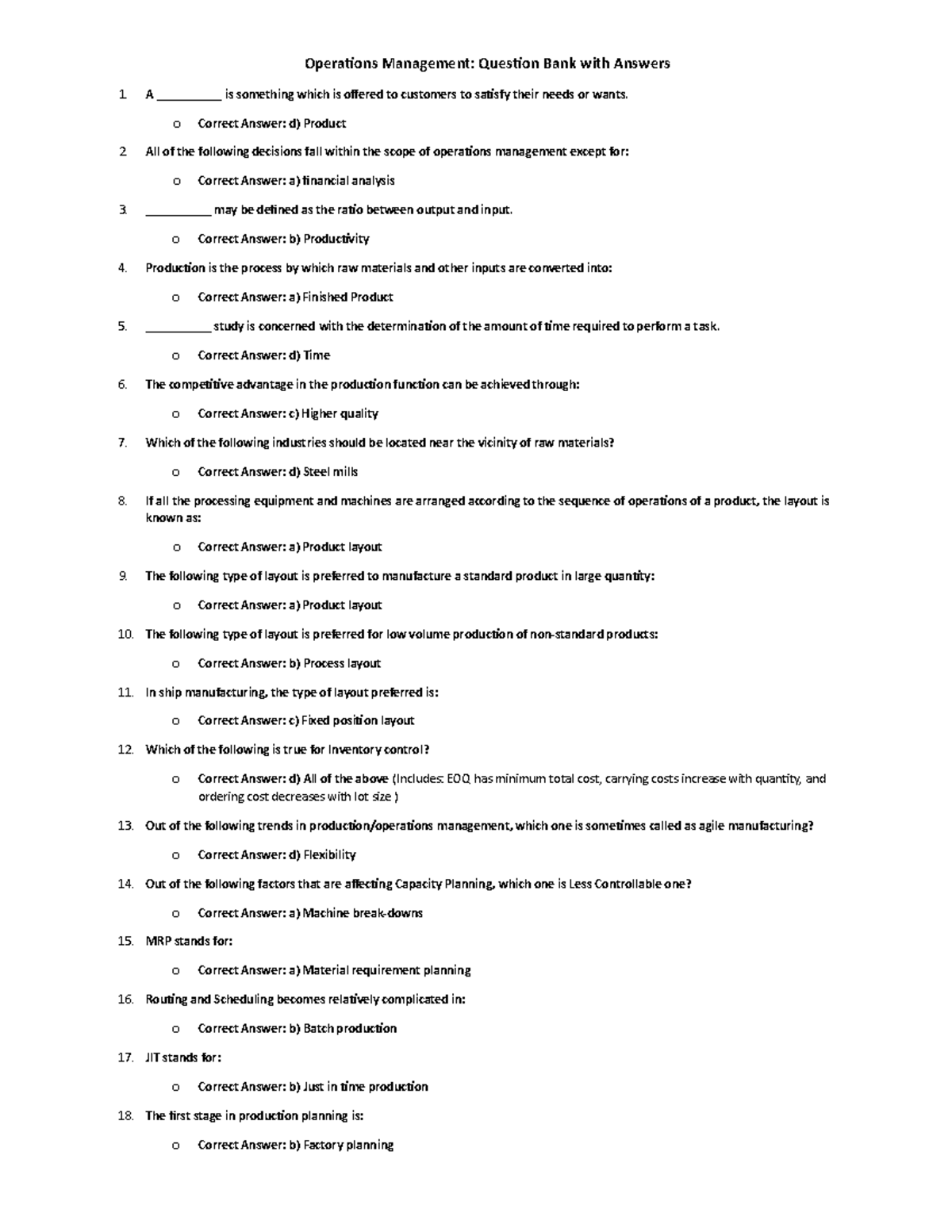 Operations Management: Quiz Bank with Answers (OM101) - Studocu