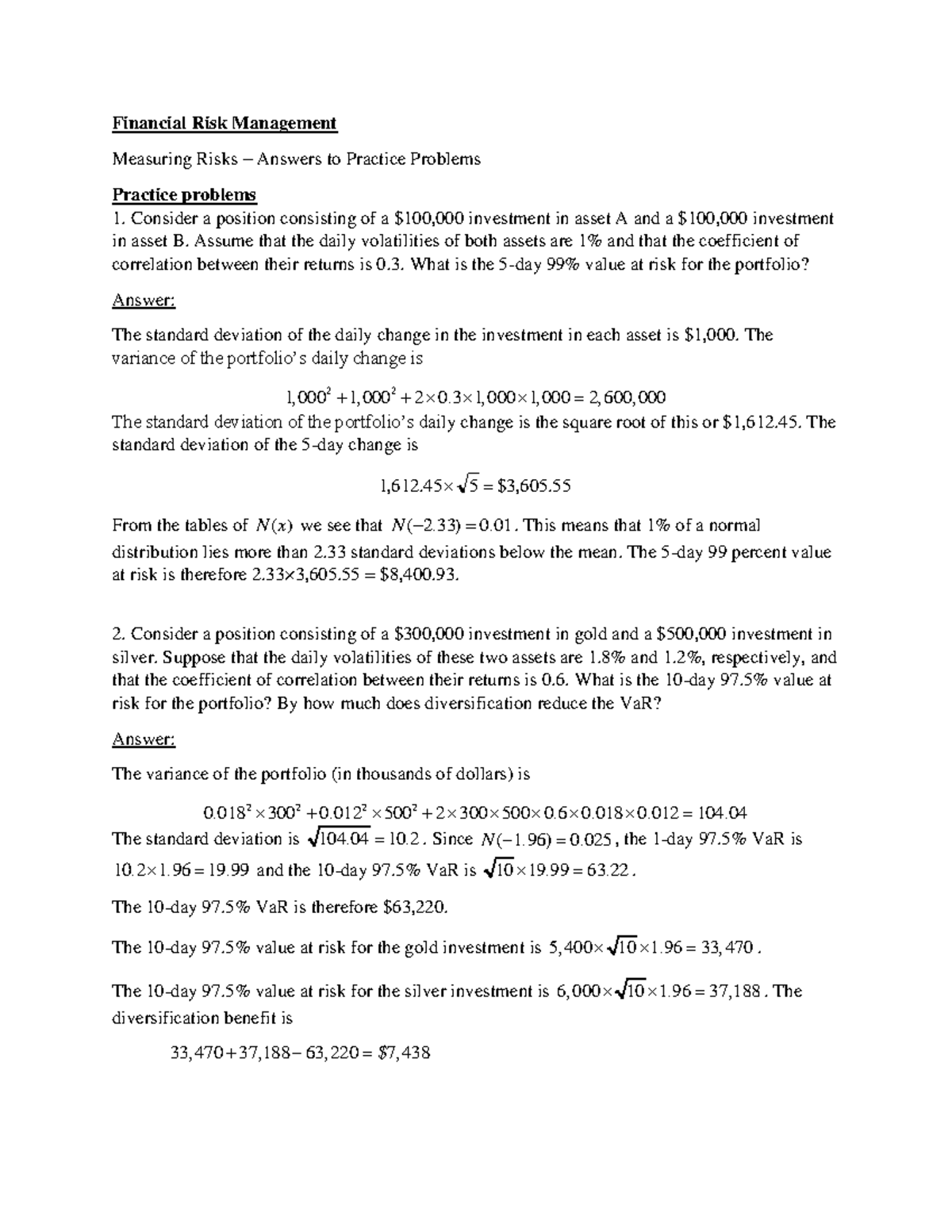 Ch7-8 Practice Problems - answers - Financial Risk Management Measuring ...