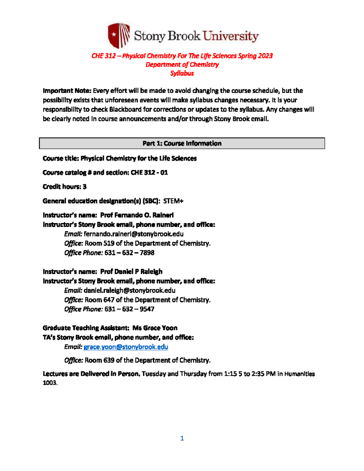 CHE 312 spring 2023 syllabus - Stony Brook University CHE 312 Physical ...